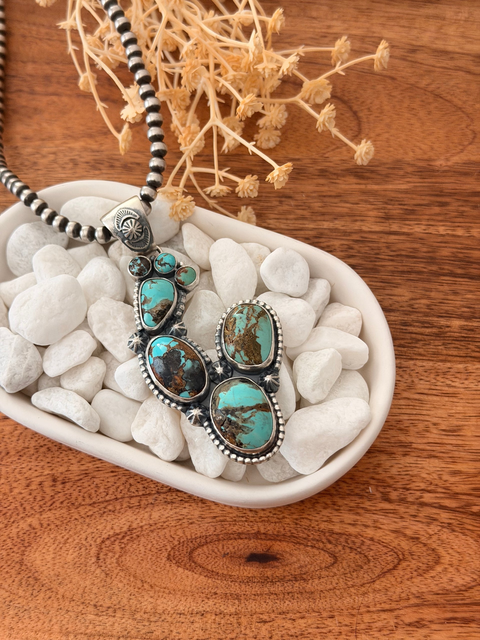 Larry Kaye Kingman Turquoise & Sterling Silver Cluster Cactus Pendant