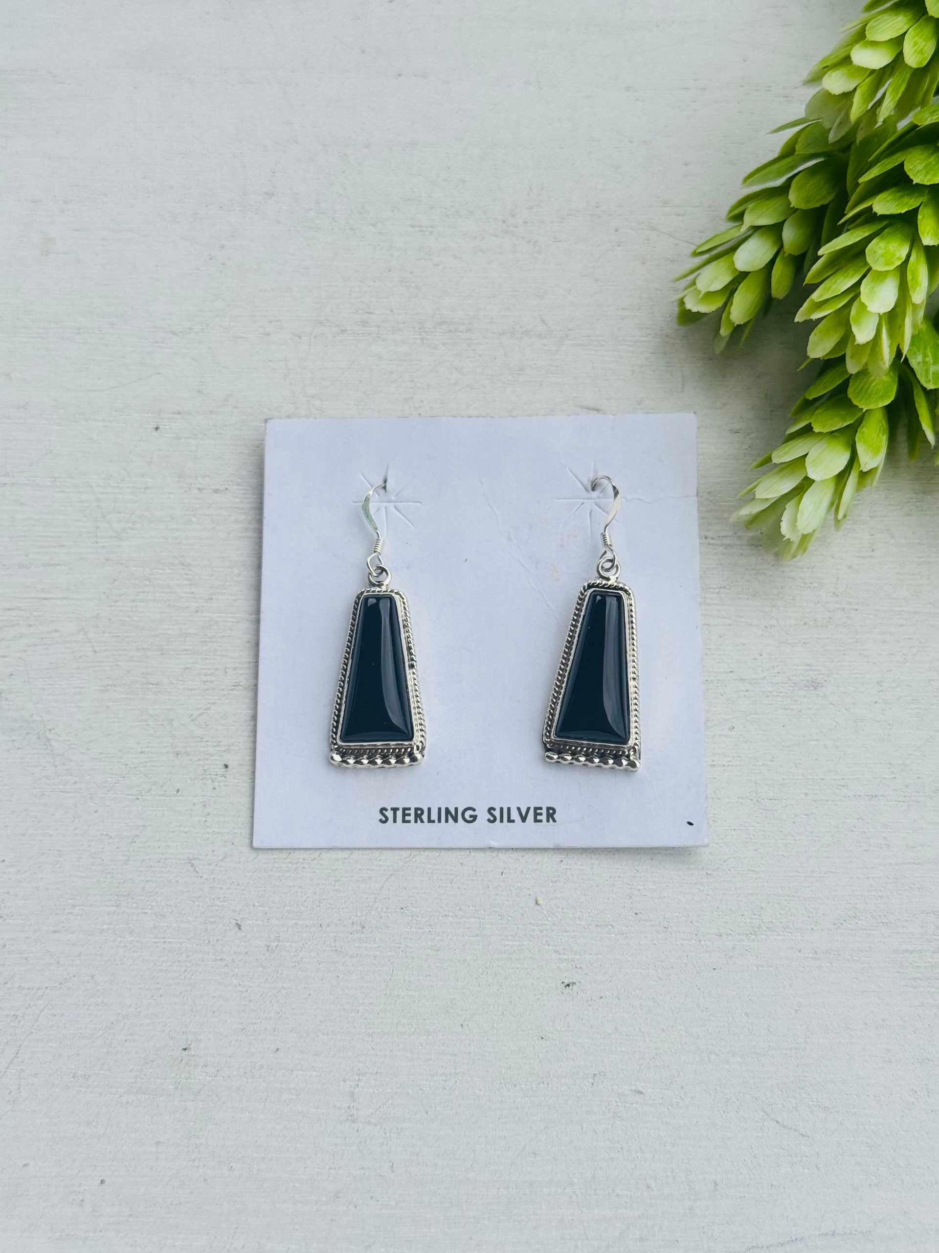 Navajo Made Onyx & Sterling Silver Dangle Earrings