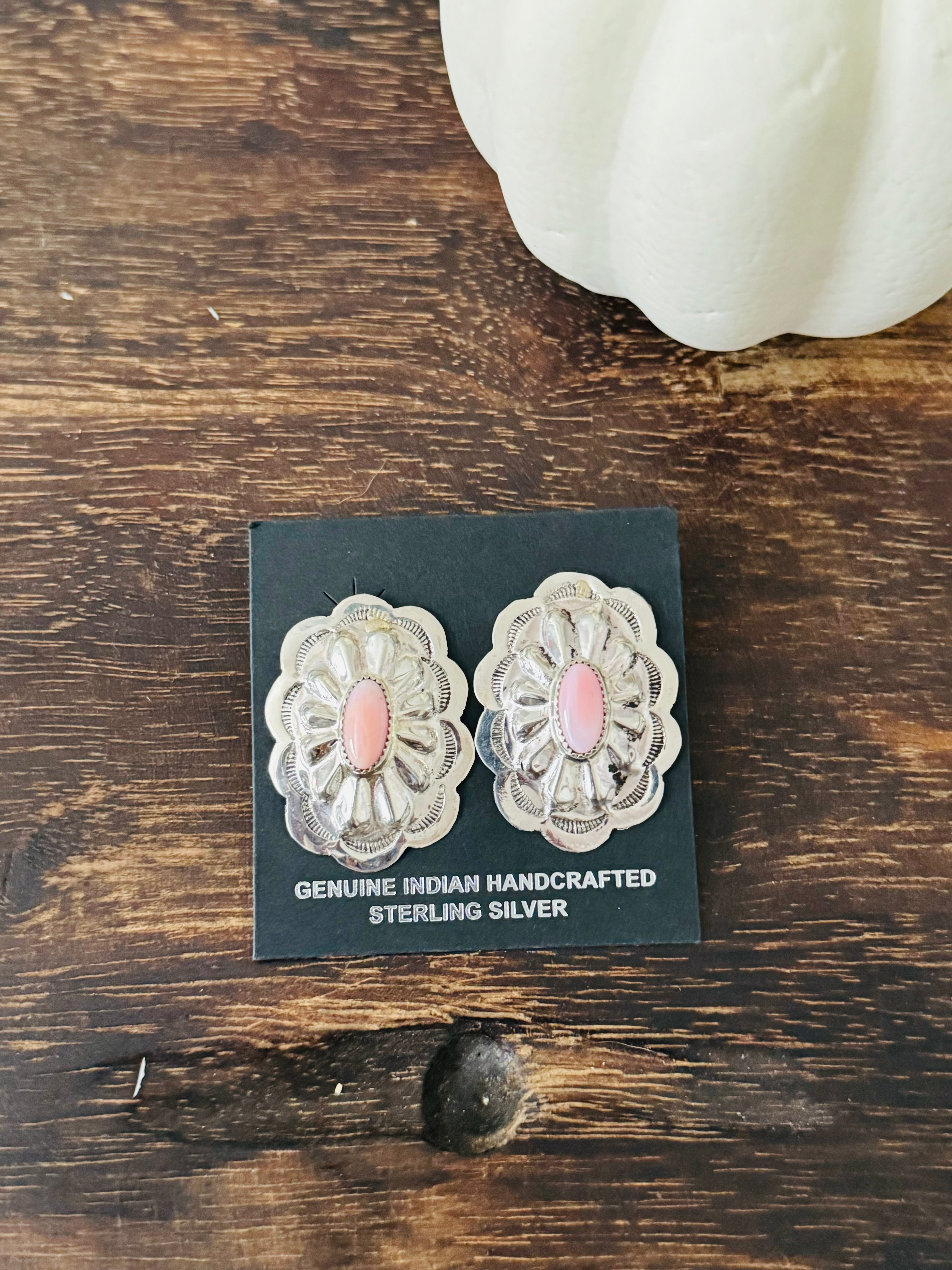 Navajo Made Pink Conch & Sterling Silver Post Concho Earrings