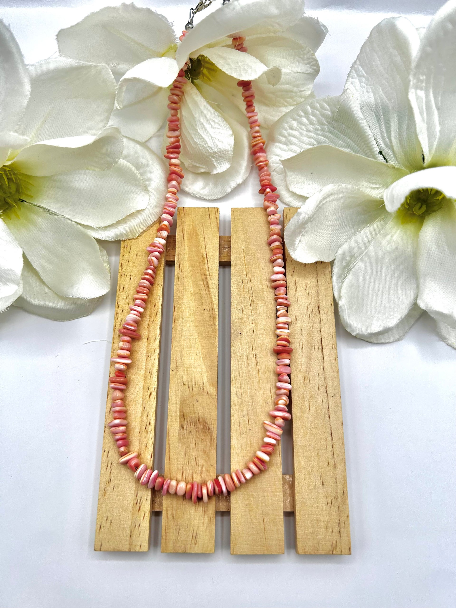 Navajo Made Strung Handmade Pink Conch & Sterling Silver Necklace
