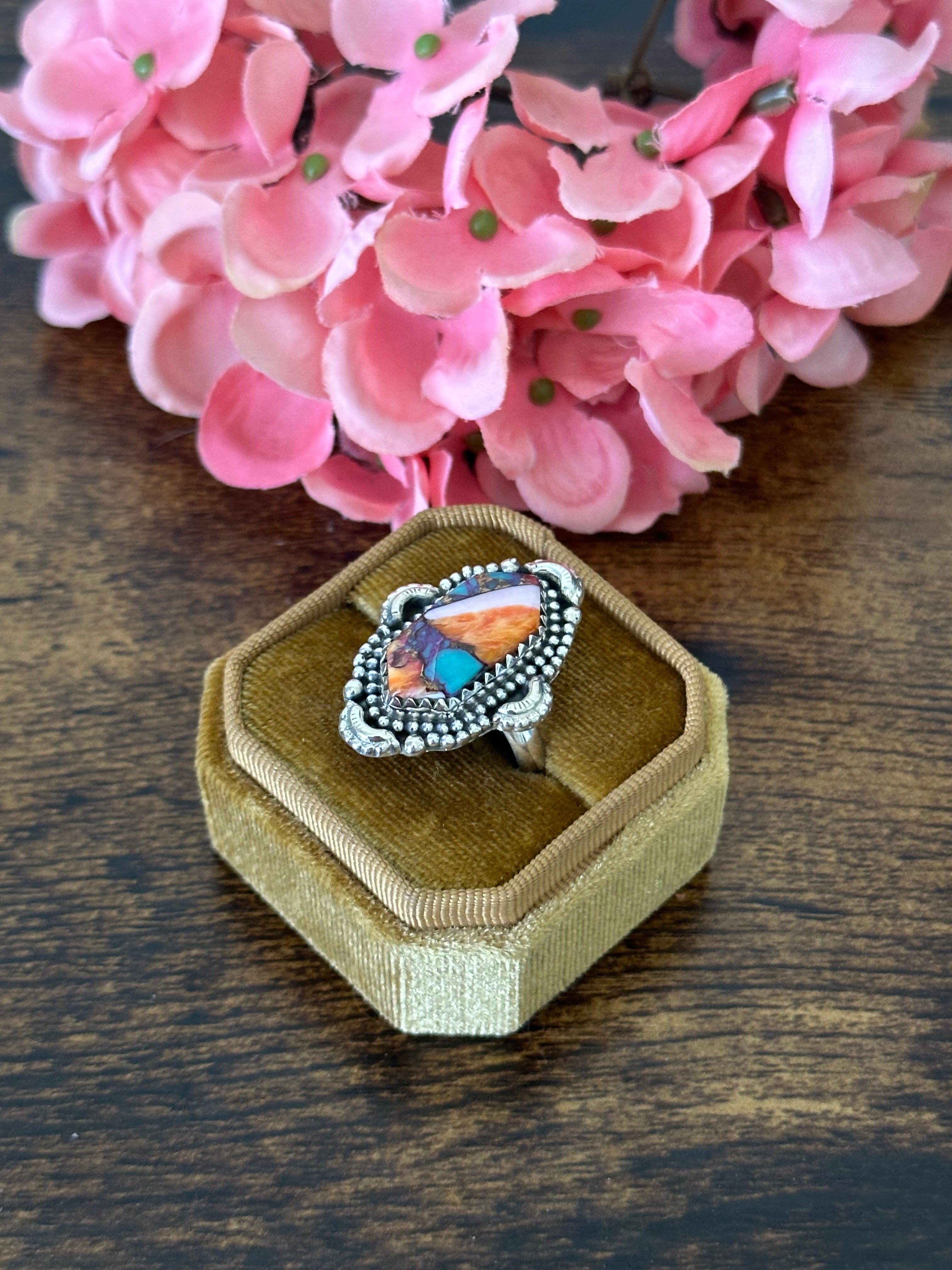 Southwest Handmade Pink Mohave Turquoise & Sterling Silver Ring Size 8.75