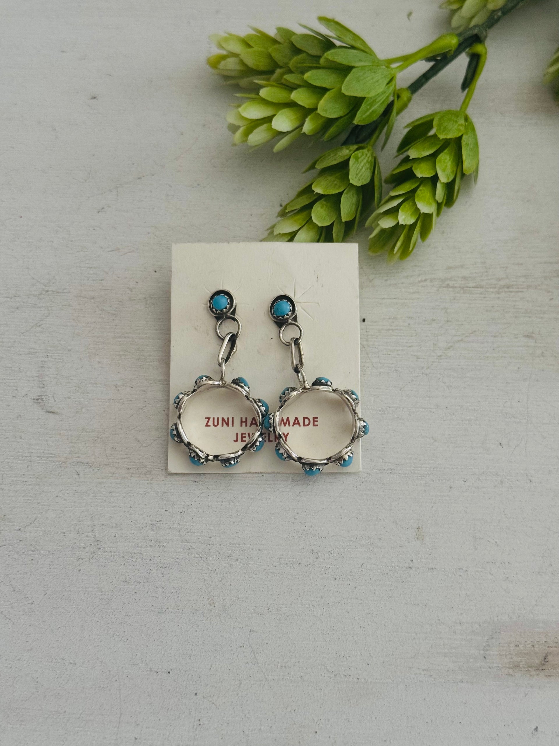 Zuni Made Kingman Turquoise & Sterling Silver Post Dangle Earrings