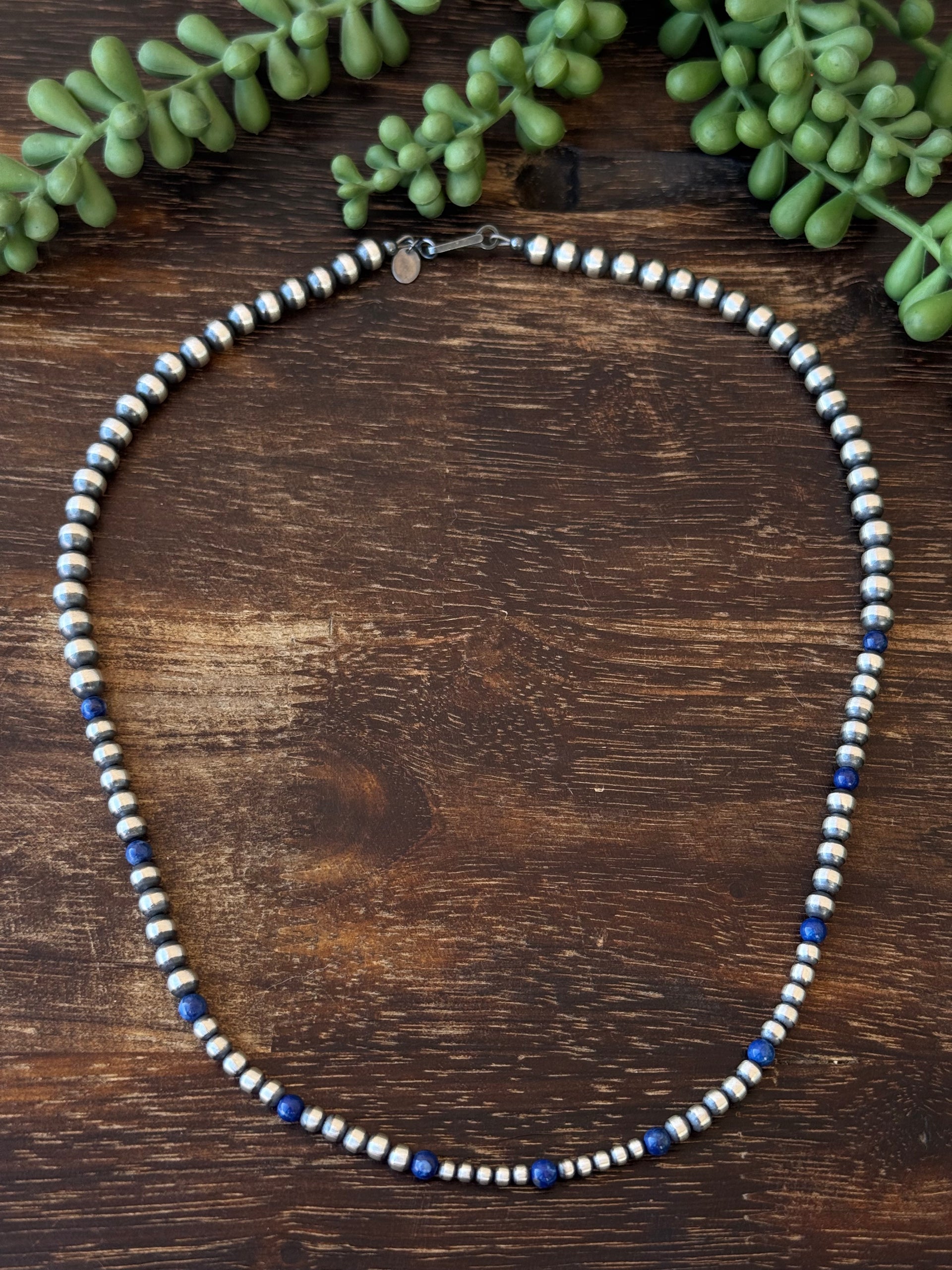 Navajo Strung Lapis & Sterling Silver Graduated Pearl Necklace