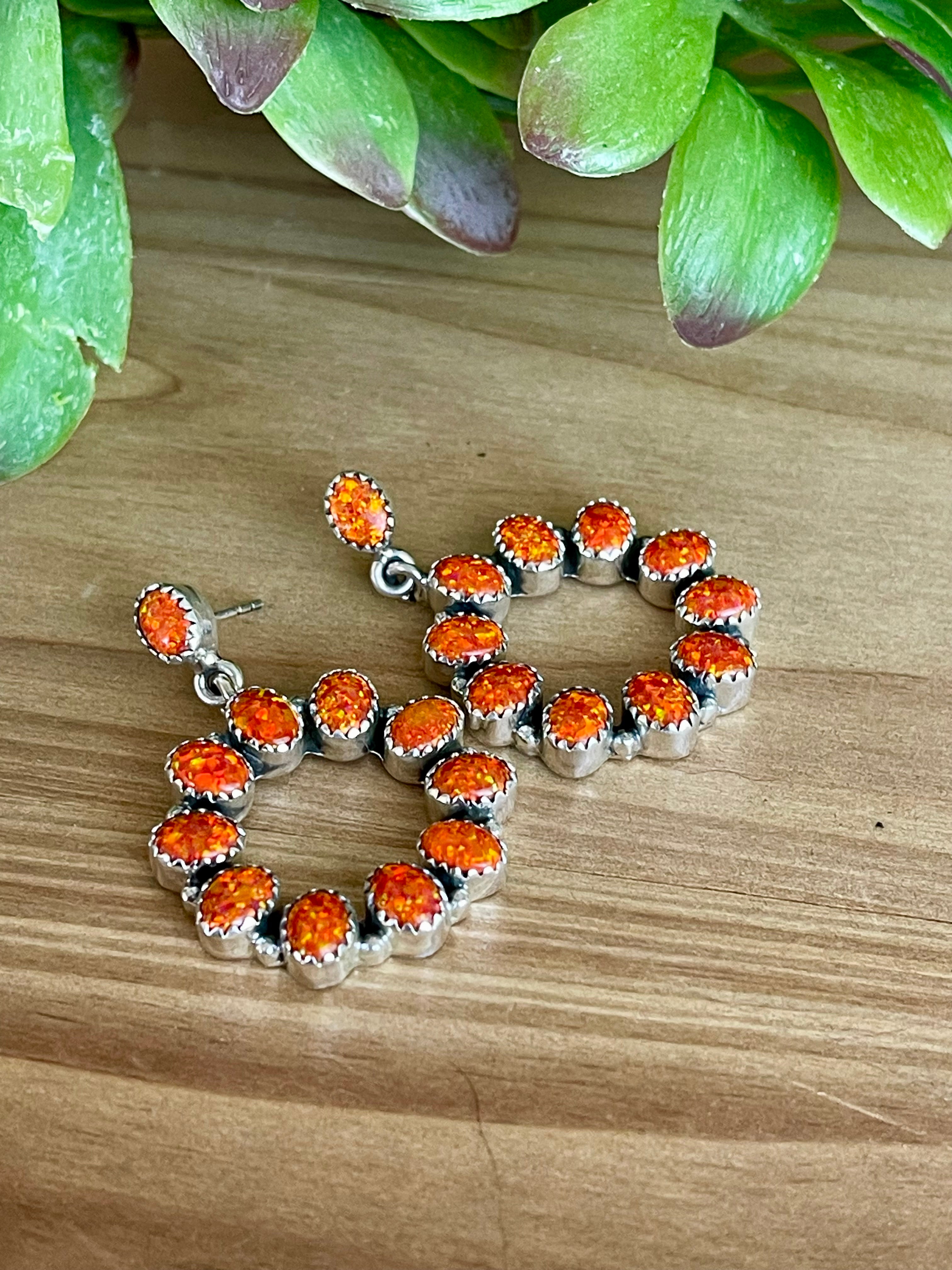 Southwest Handmade Orange Opal Post Circle Earrings