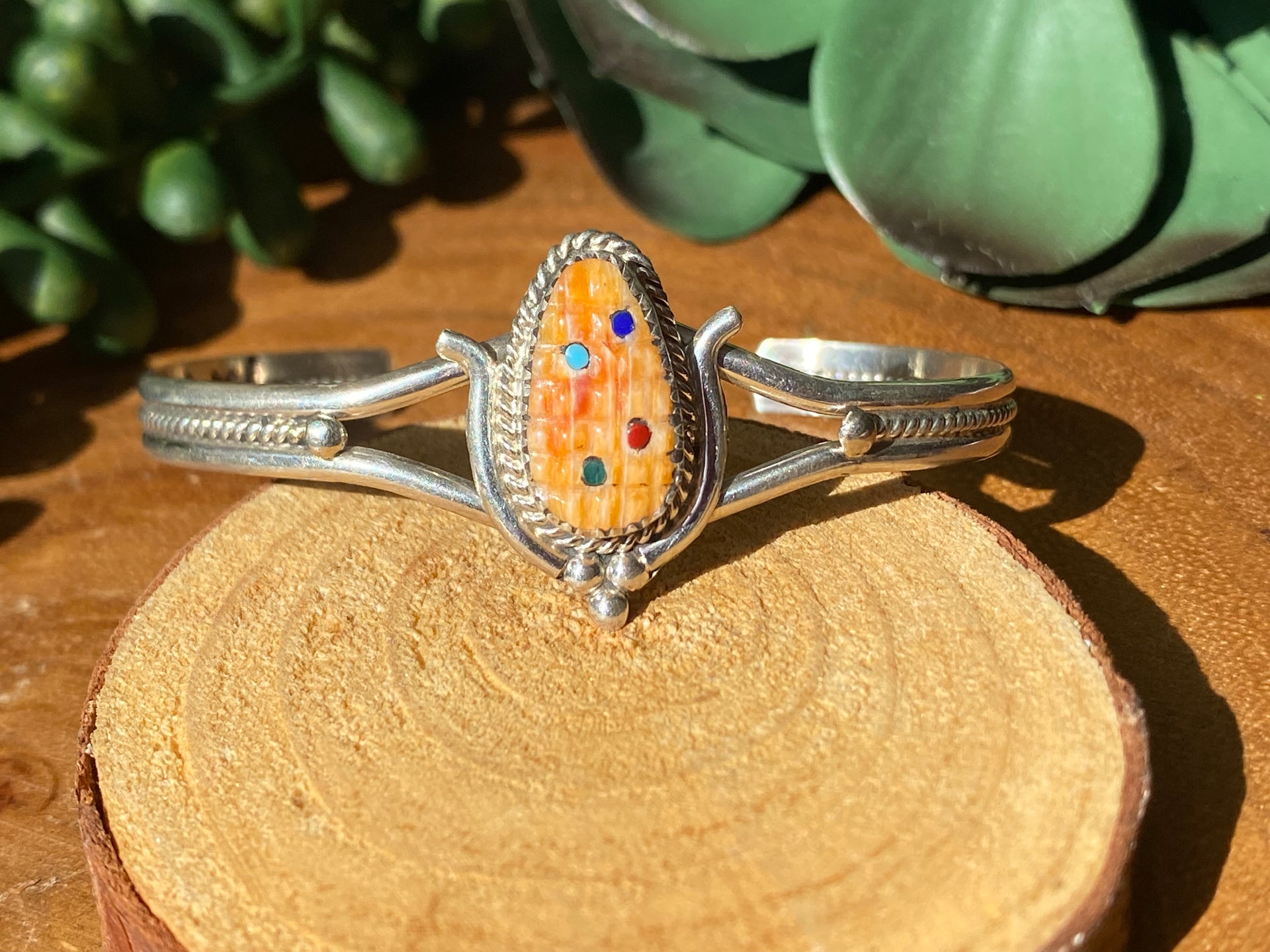 Zuni Handmade Multi Stone & Sterling Silver Corn Cuff Bracelet