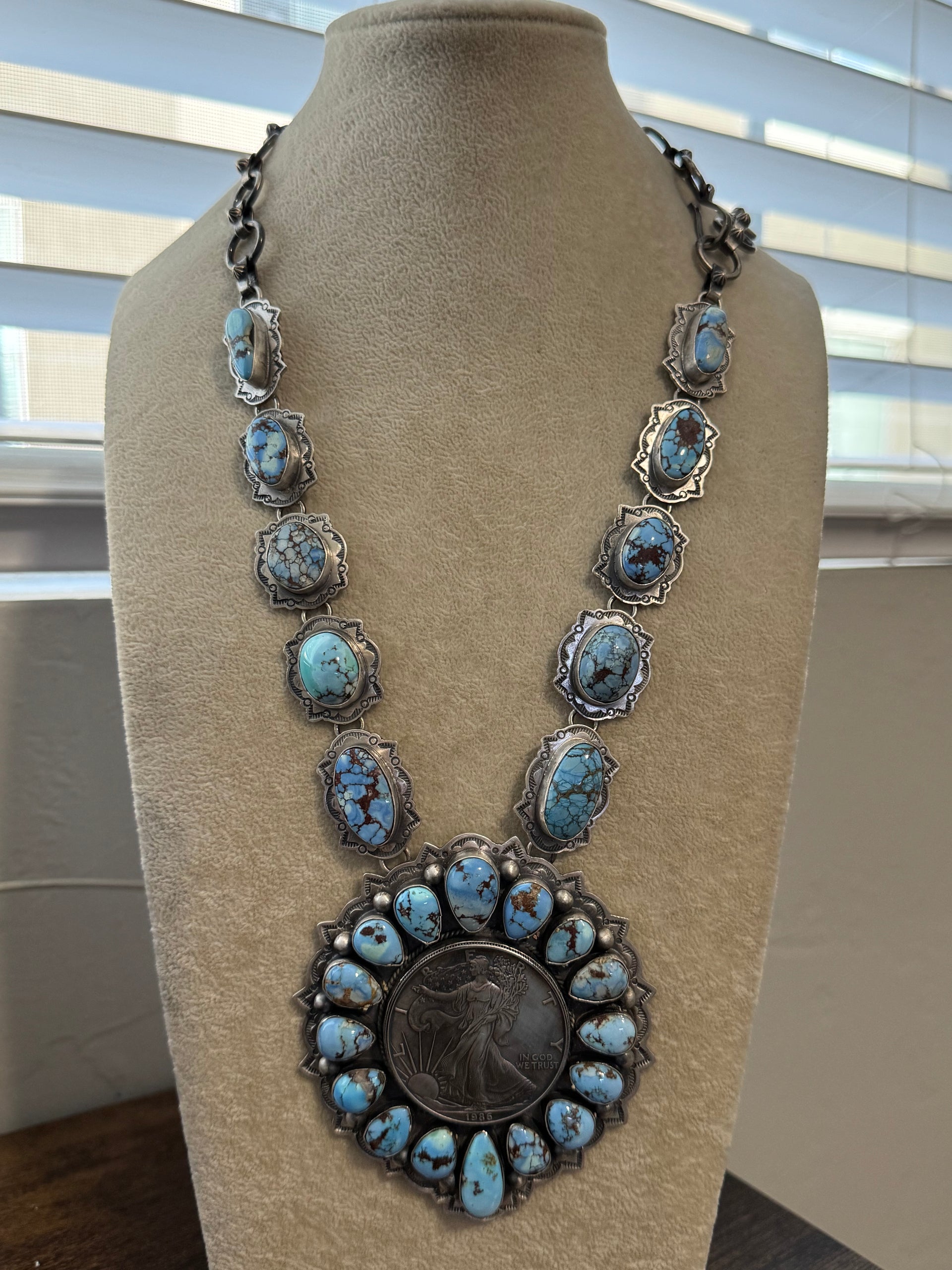 Navajo Made Golden Hills Turquoise & Sterling Silver Liberty Coin Necklace