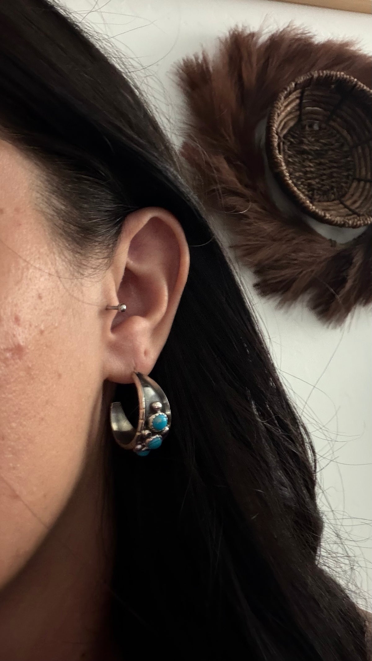 Navajo Handmade Kingman Turquoise & Sterling Silver Post Dangle Hoop Earrings