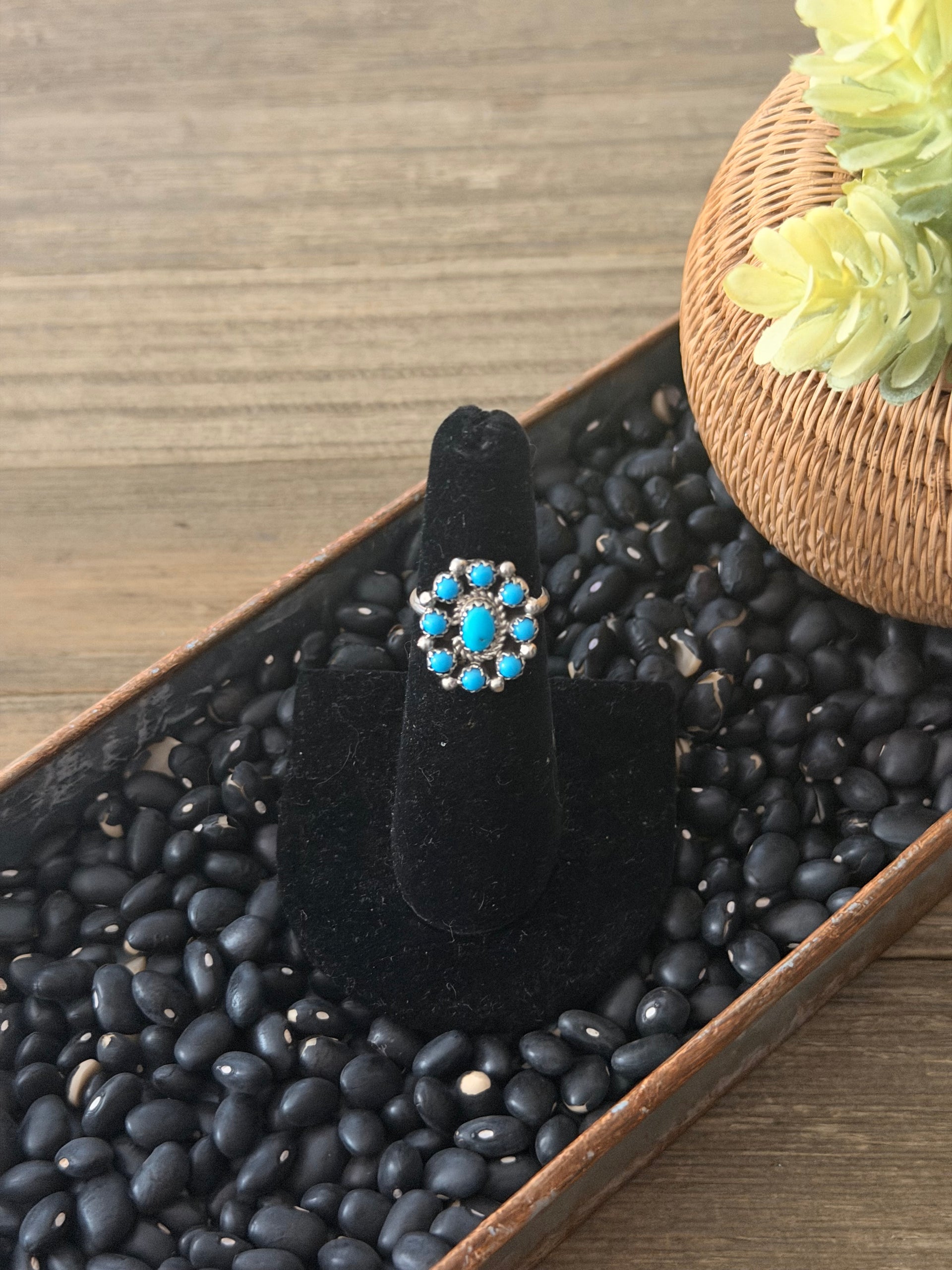 Navajo Made Sleeping Beauty Turquoise & Sterling Silver Cluster Ring