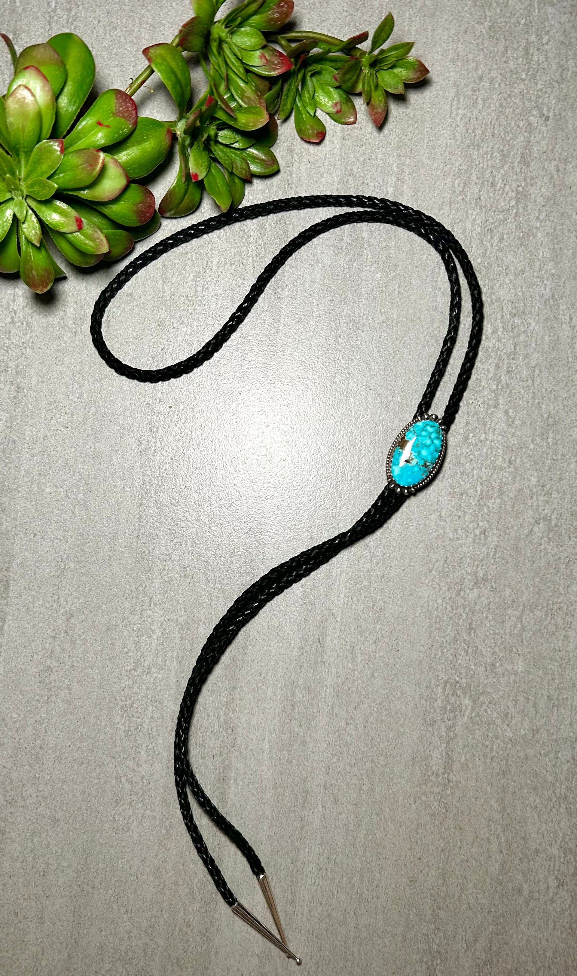 Navajo Made Kingman Turquoise & Sterling Silver Bolo Tie