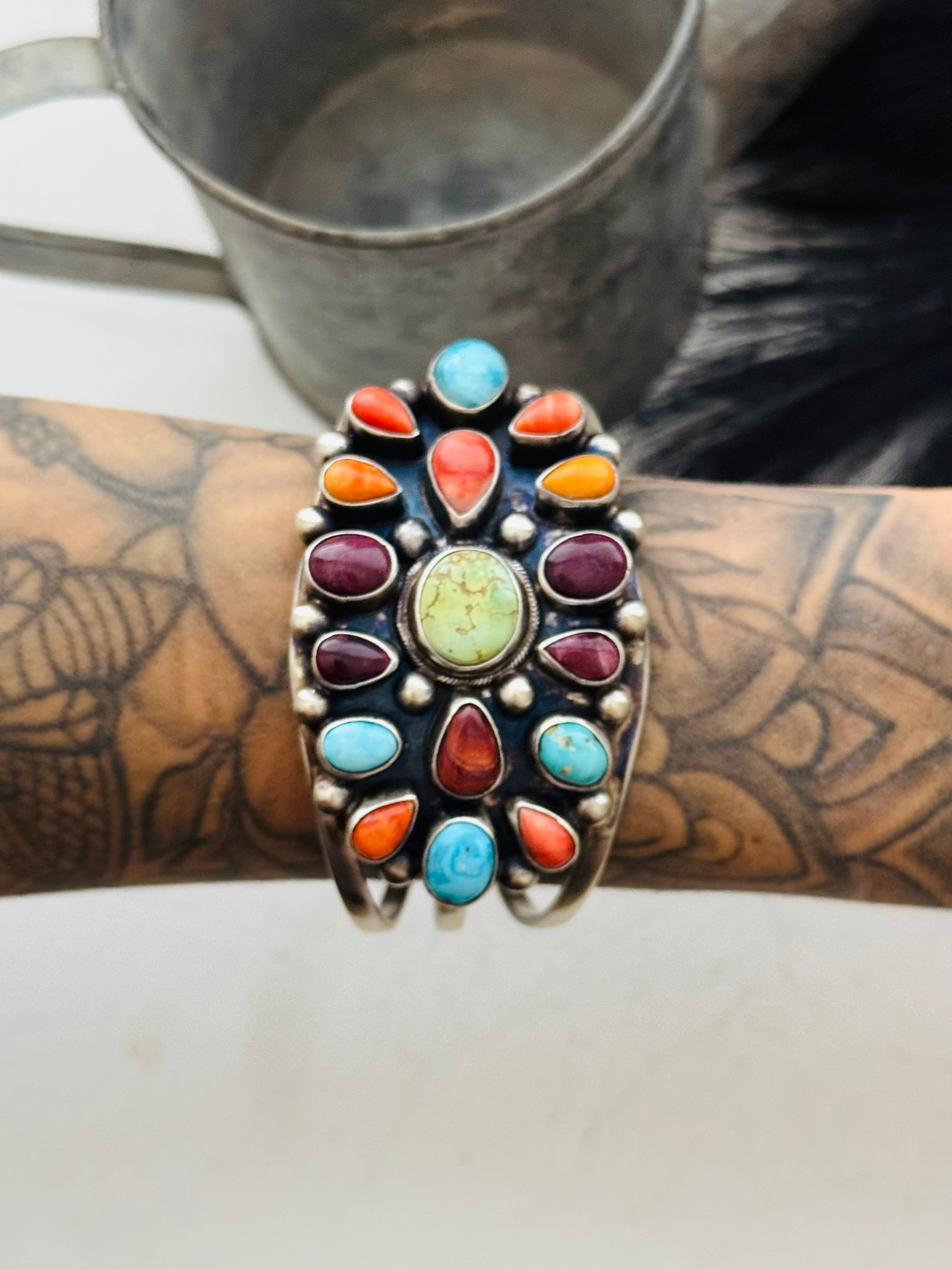 Kathleen Chavez Multi Stone & Sterling Silver Cluster Cuff Bracelet