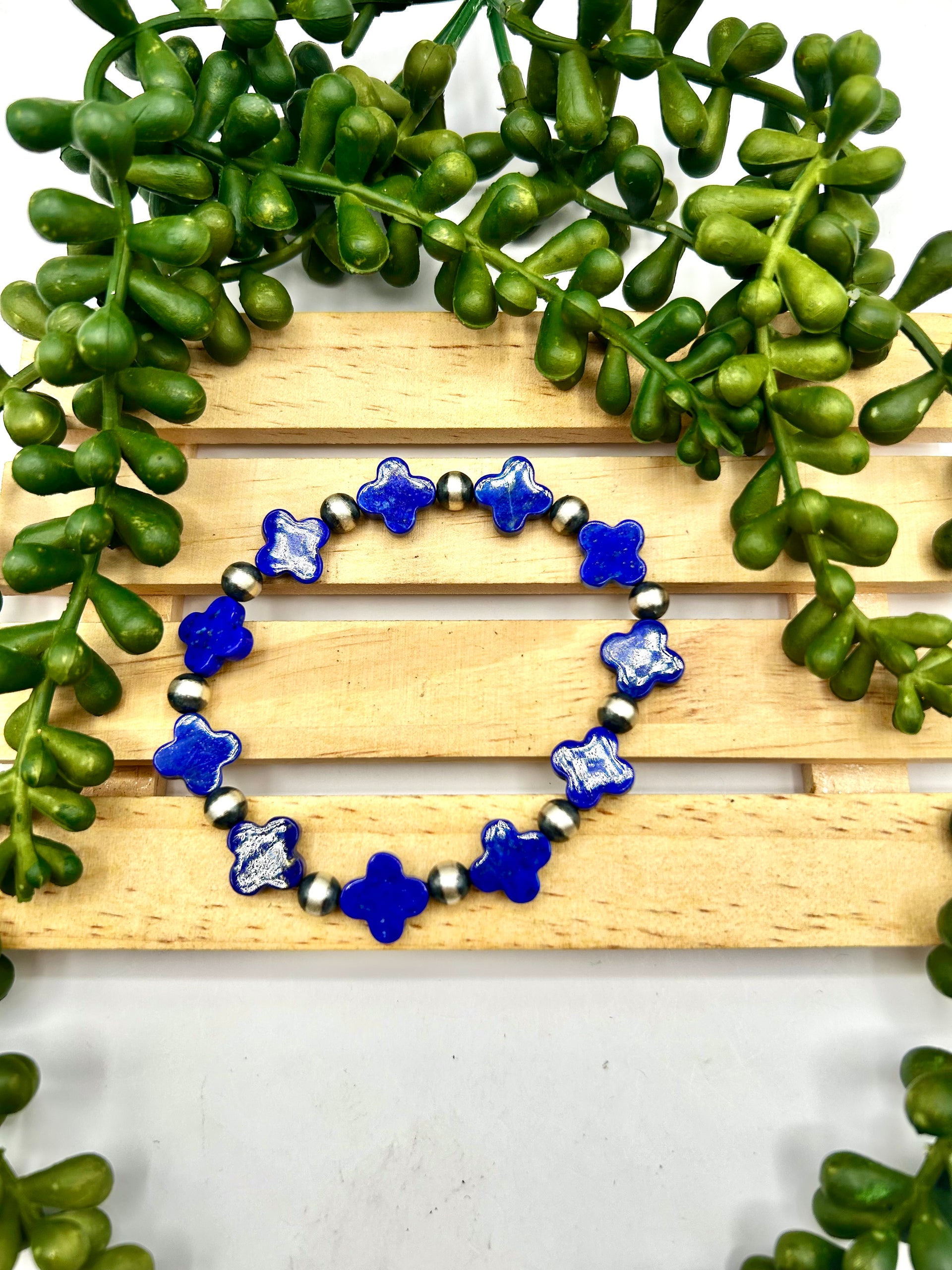 Navajo Made Strung Lapis & Sterling Silver Strung Stretchy Bracelet