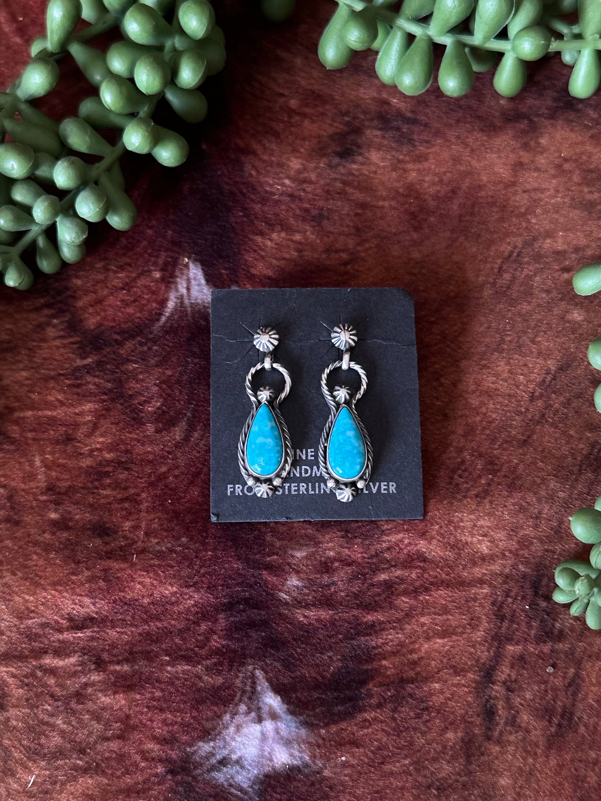 Navajo Handmade Kingman Turquoise & Sterling Silver Post Dangle Earrings
