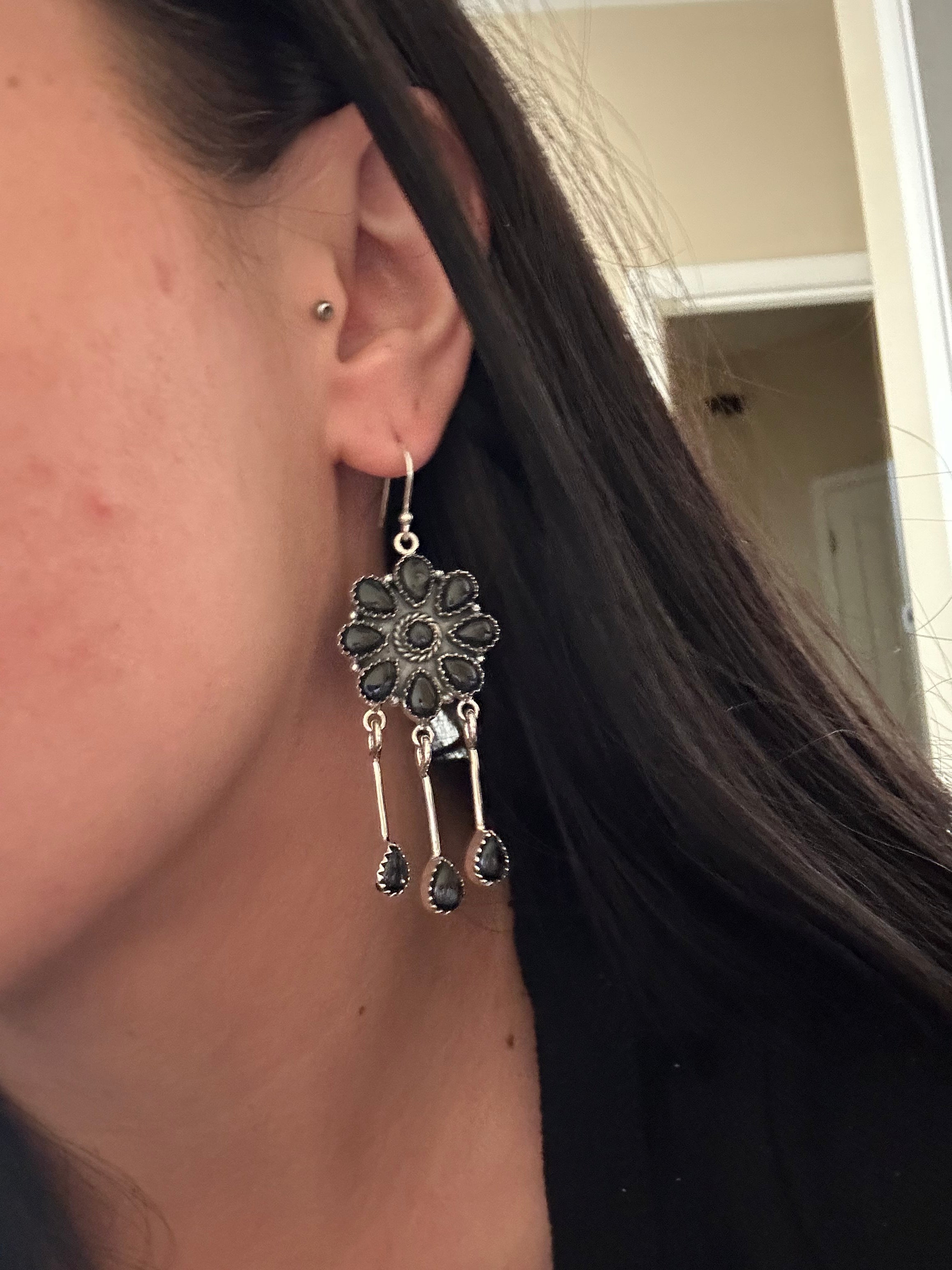 Southwest Handmade Onyx & Sterling Silver Dangle Cluster Earrings