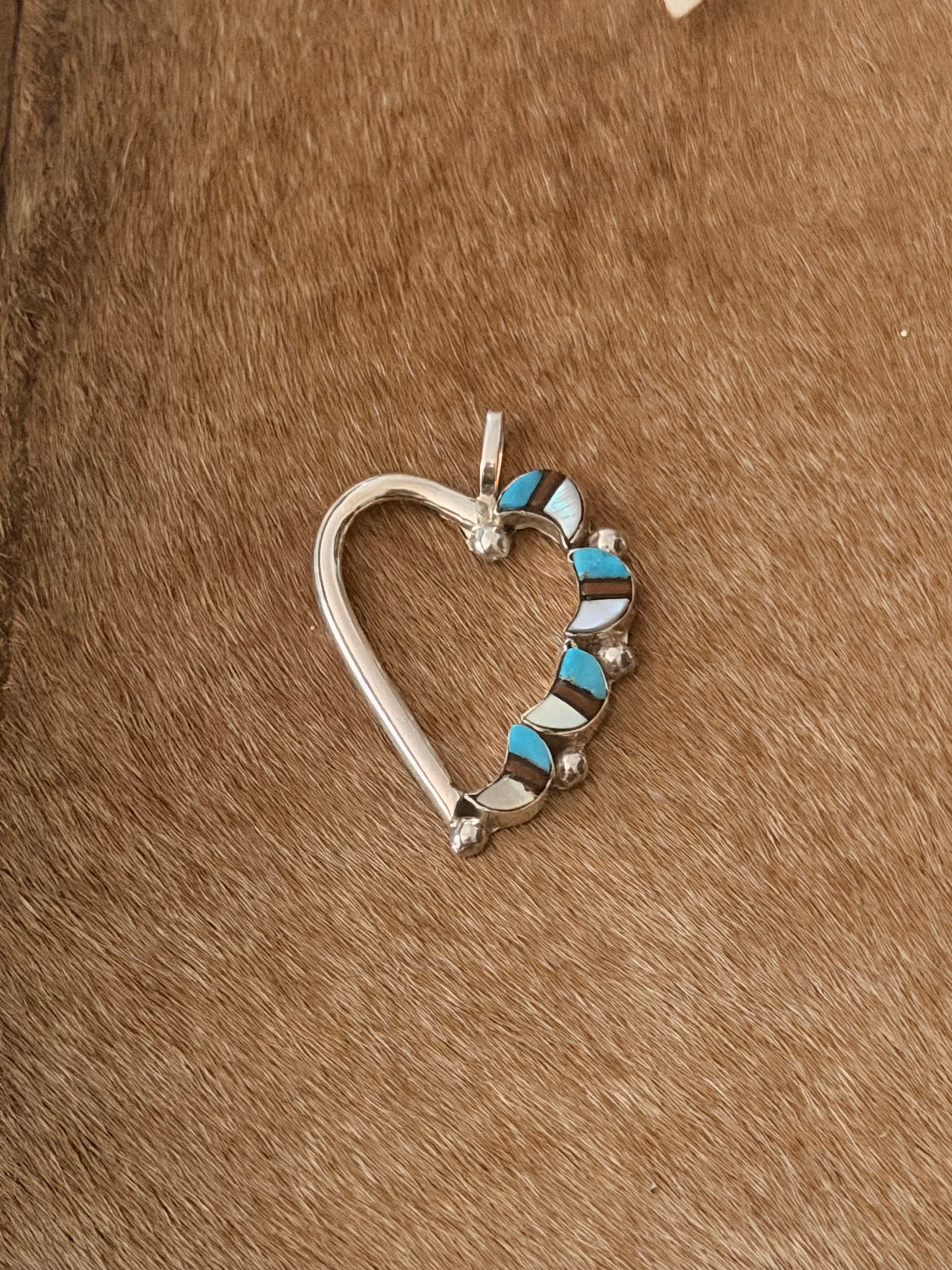 Zuni Made Multi Stone & Sterling Silver Inlay Heart Pendant