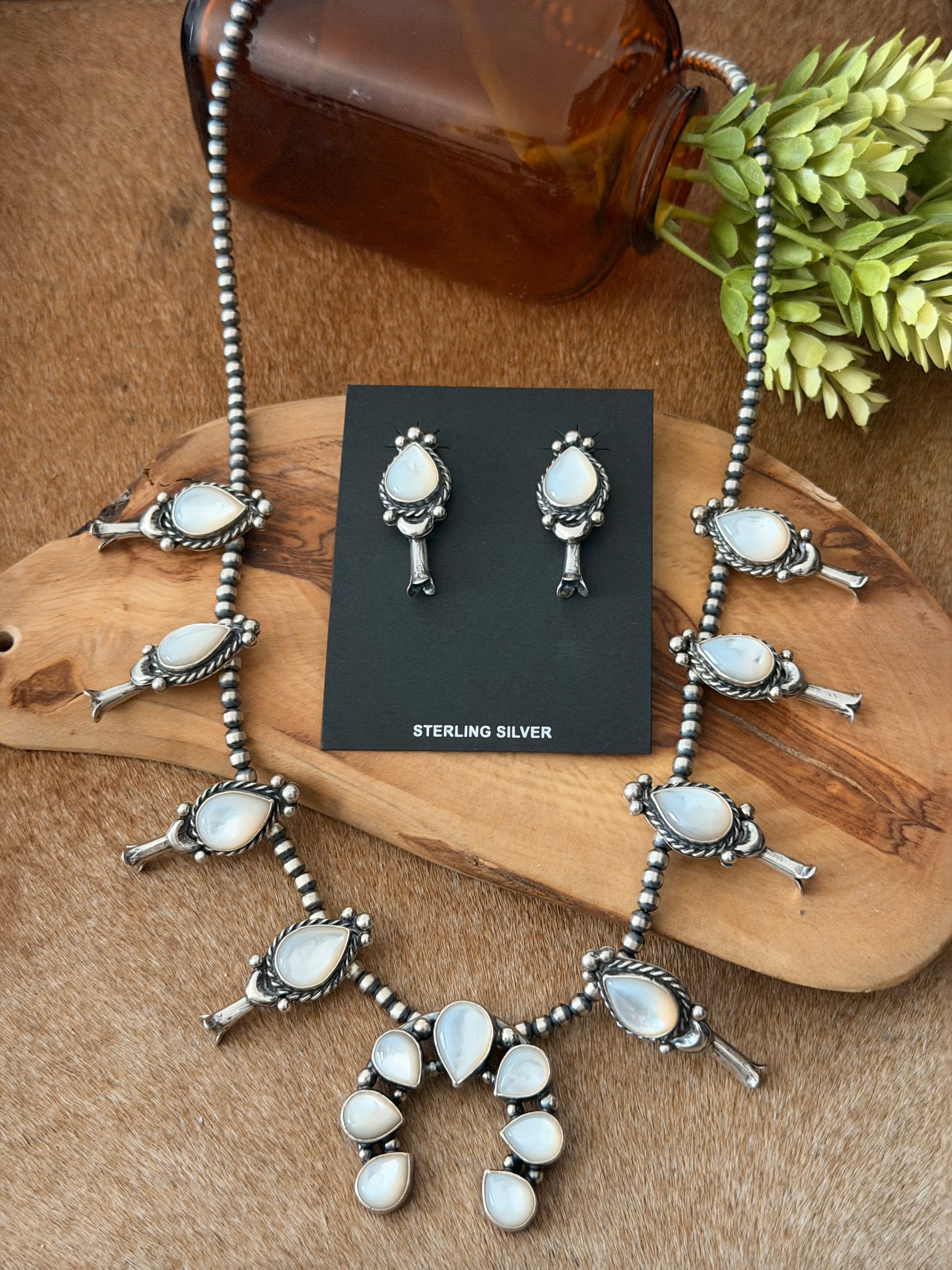 Larry Kaye Mother of Pearl and Sterling Silver Squash Blossom Necklace Set