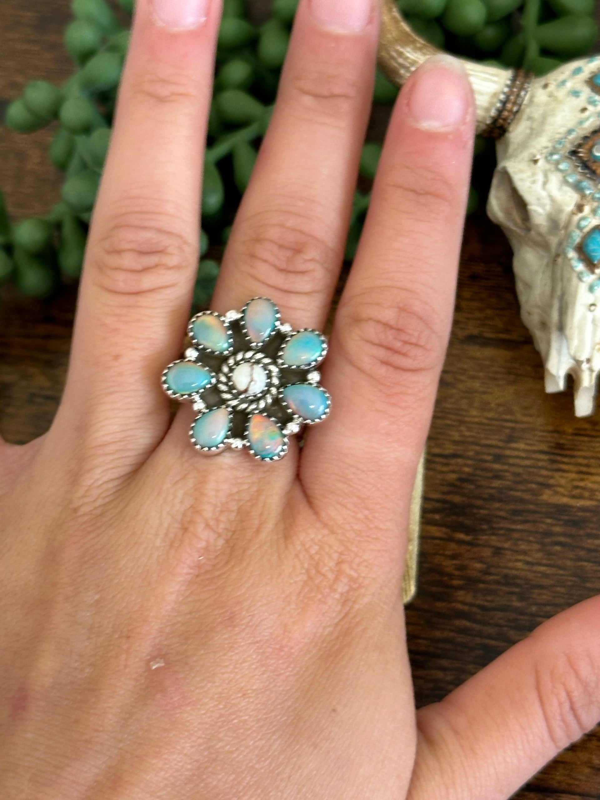 Southwest Handmade Multi Stone & Sterling Silver Adjustable Cluster Ring