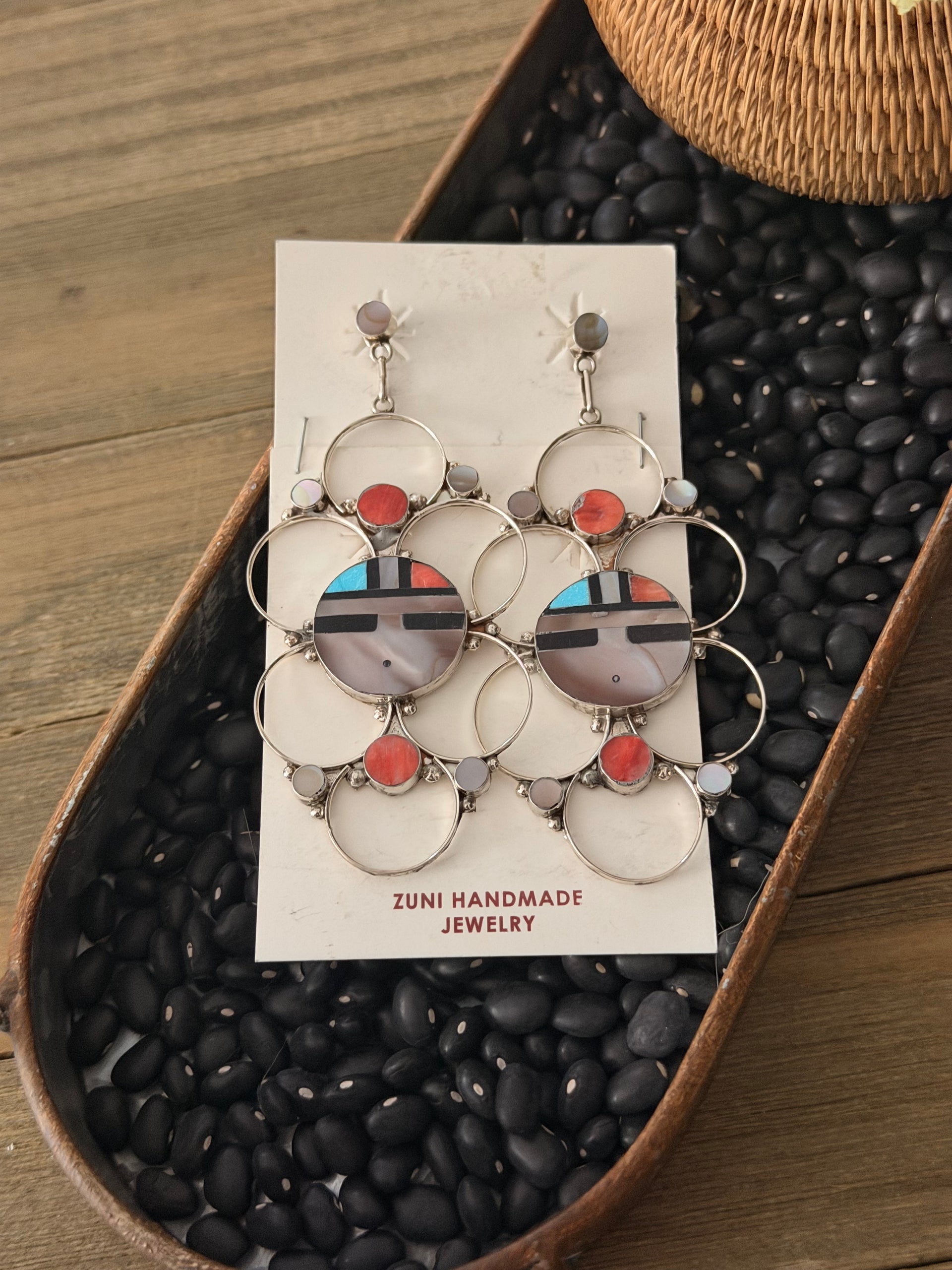 Zuni Made Multi Stone & Sterling Silver Post Dangle Sunface Inlay Earrings