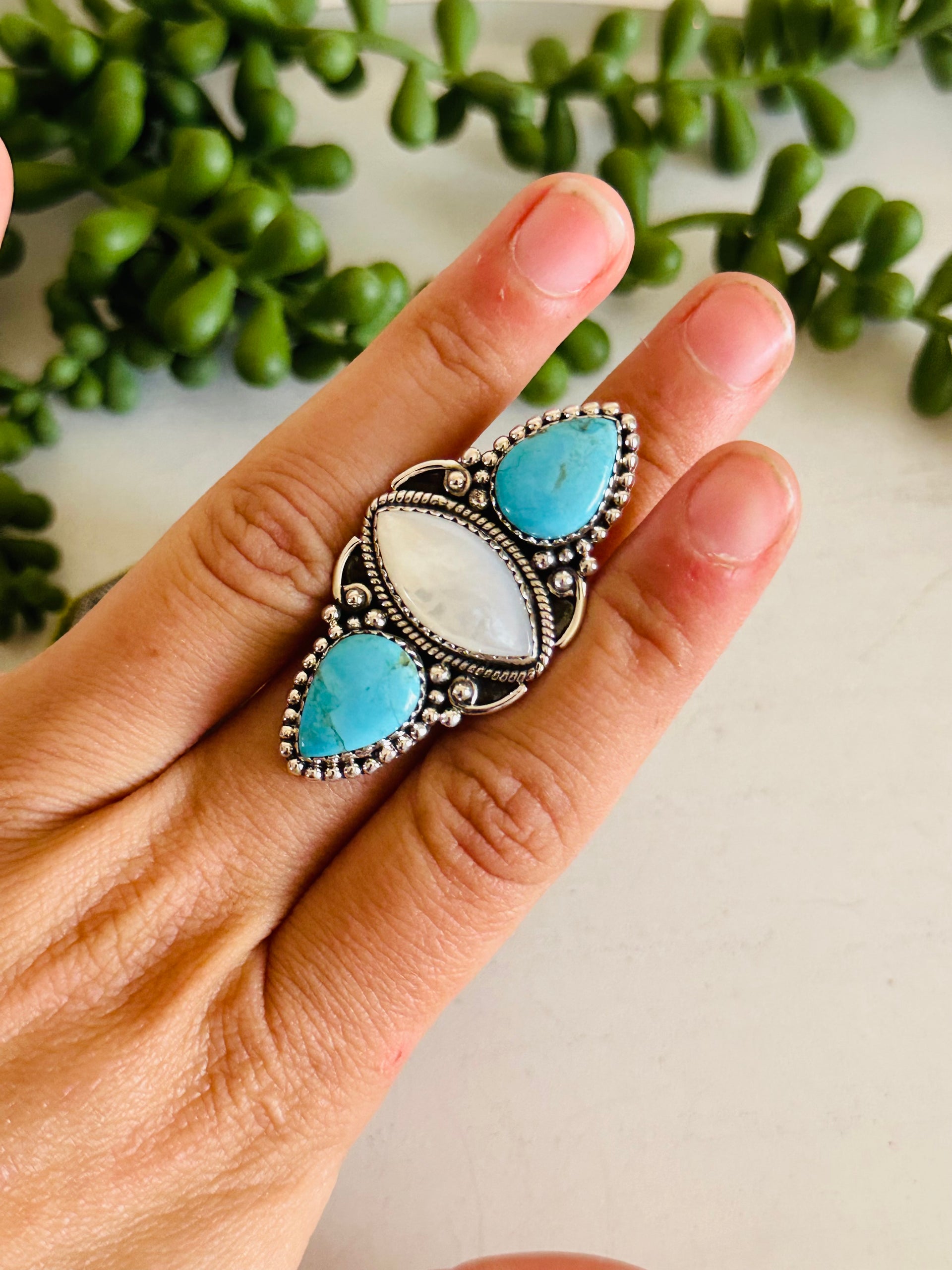 Southwest Handmade Multi Stone & Sterling Silver Adjustable Cluster Ring