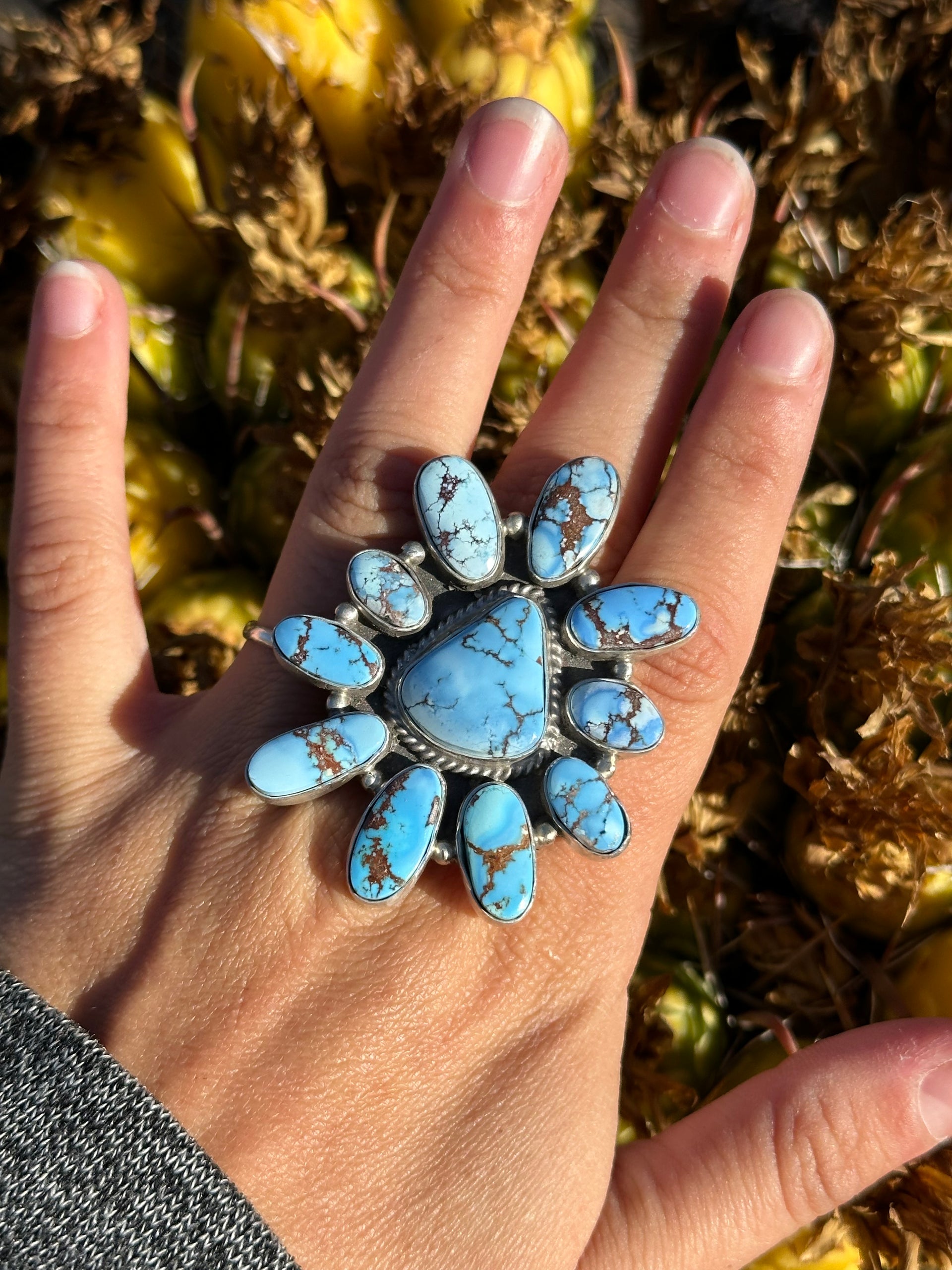 Thomas Francisco Golden Hills Turquoise & Sterling Silver Cluster Adjustable Ring Size 8.25