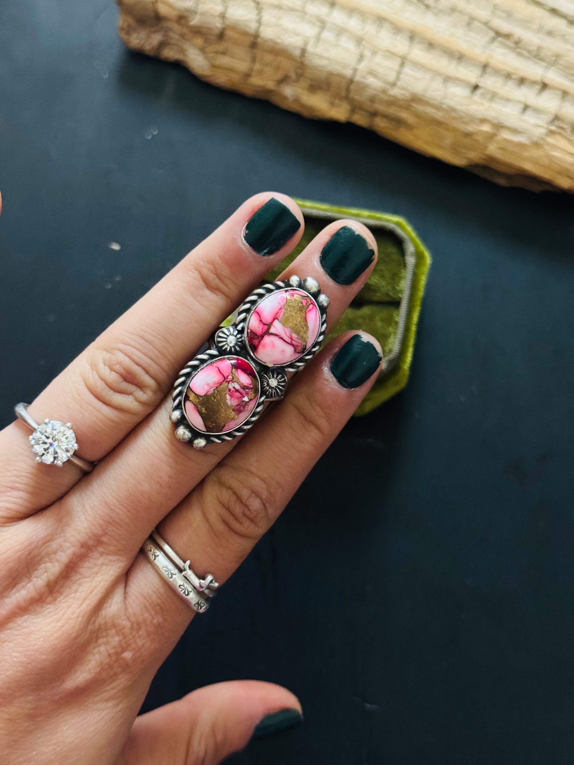 Robert Shakey Rose Dahlia Composite & Sterling Silver Ring Size 6.75