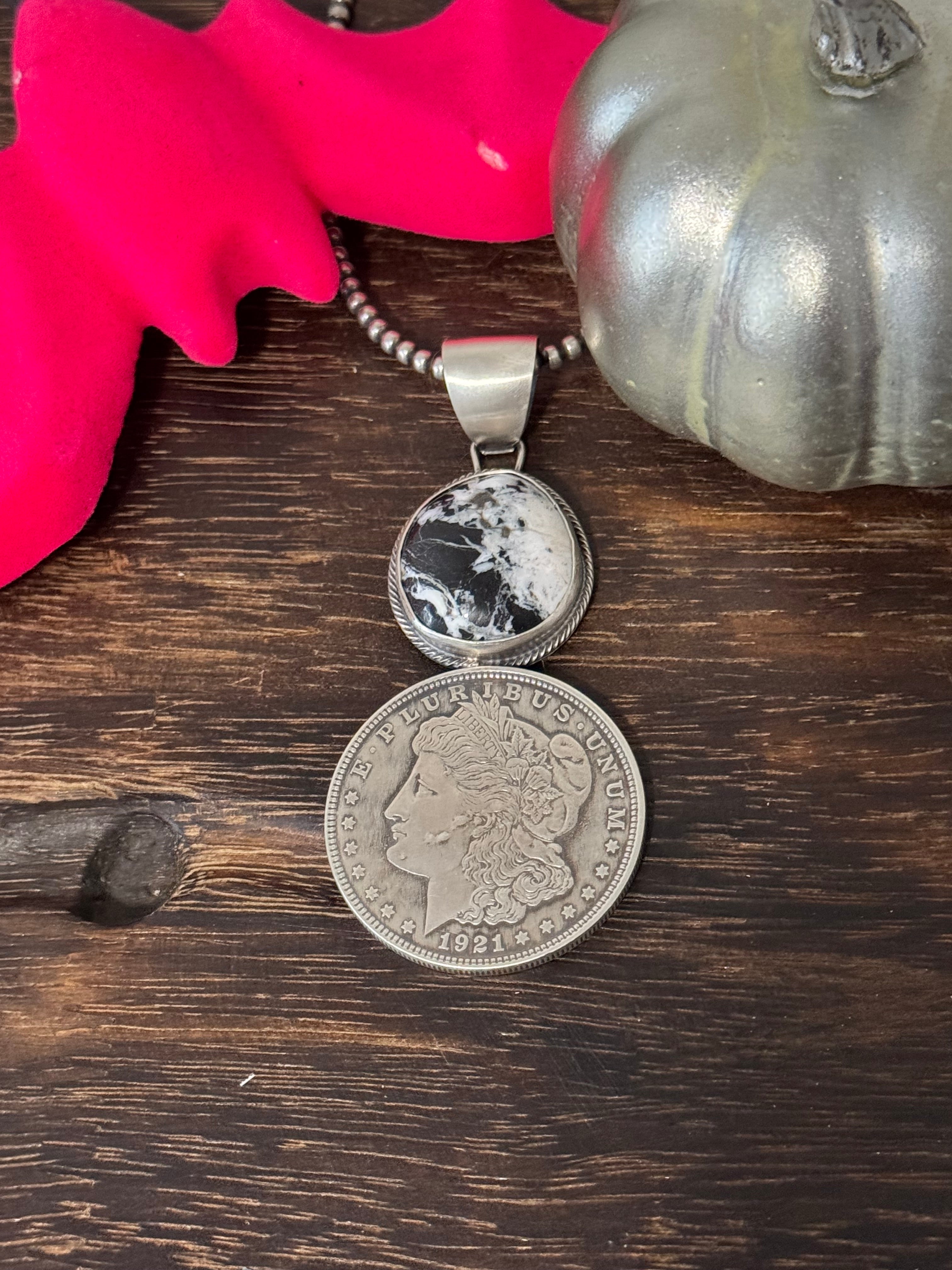 Sheila Tso White Buffalo & Sterling Silver Dollar Coin Pendant