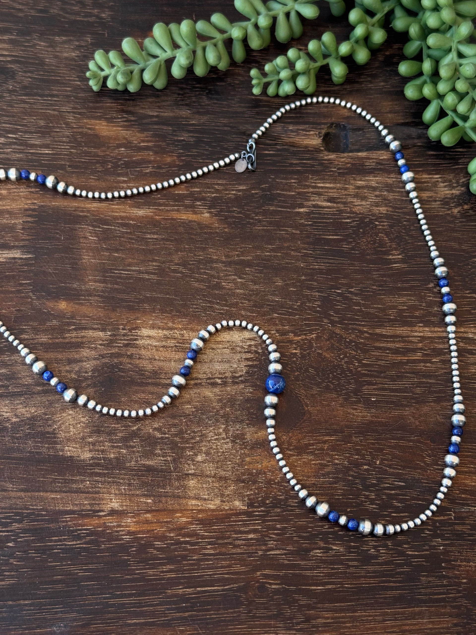 Navajo Strung Lapis & Sterling Silver Graduated Pearl Necklace