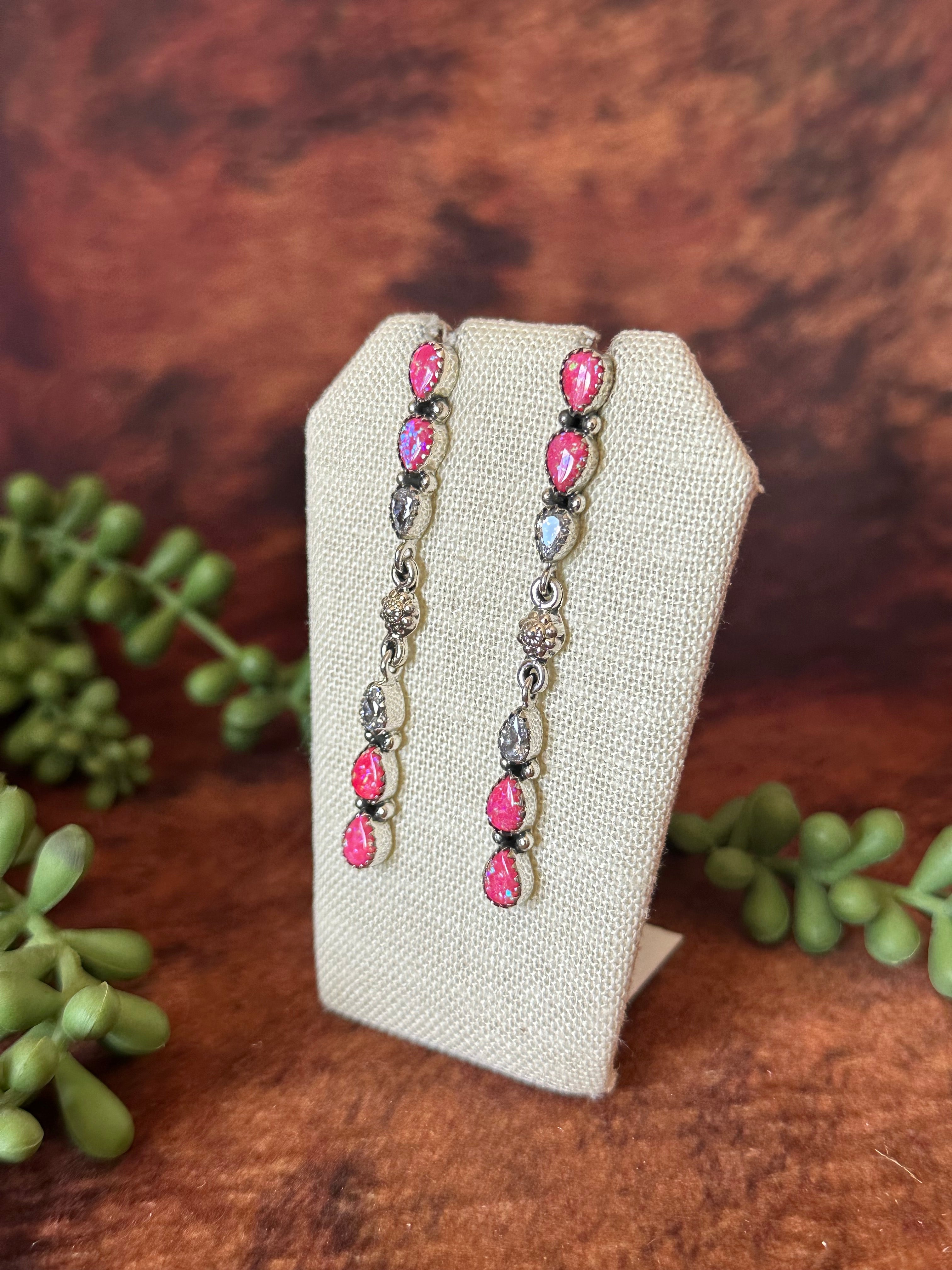 Southwest Handmade Pink Opal & Sterling Silver Post Dangle Earrings