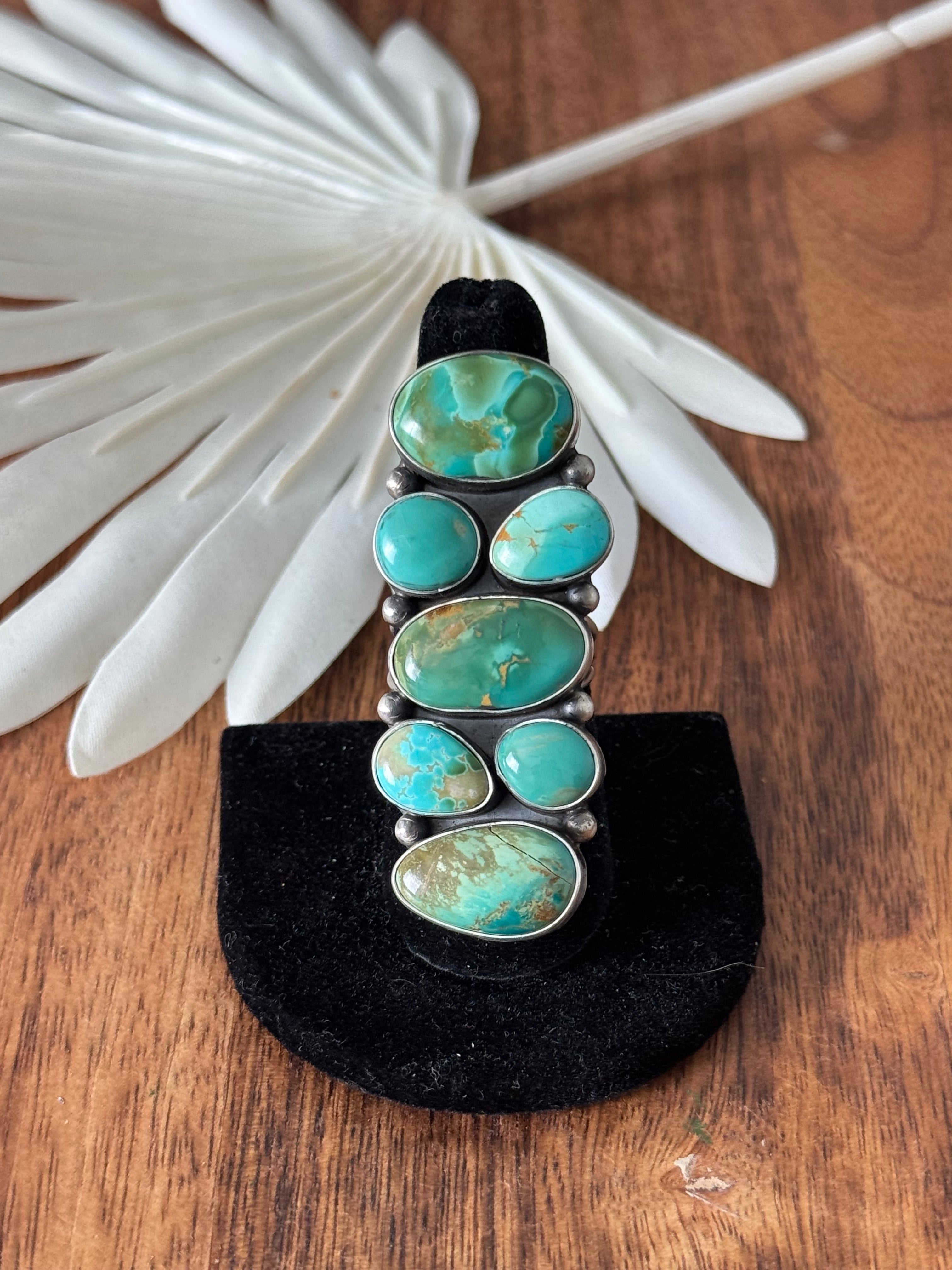 Navajo Made Royston Turquoise & Sterling Silver Cluster Ring Size 8.5