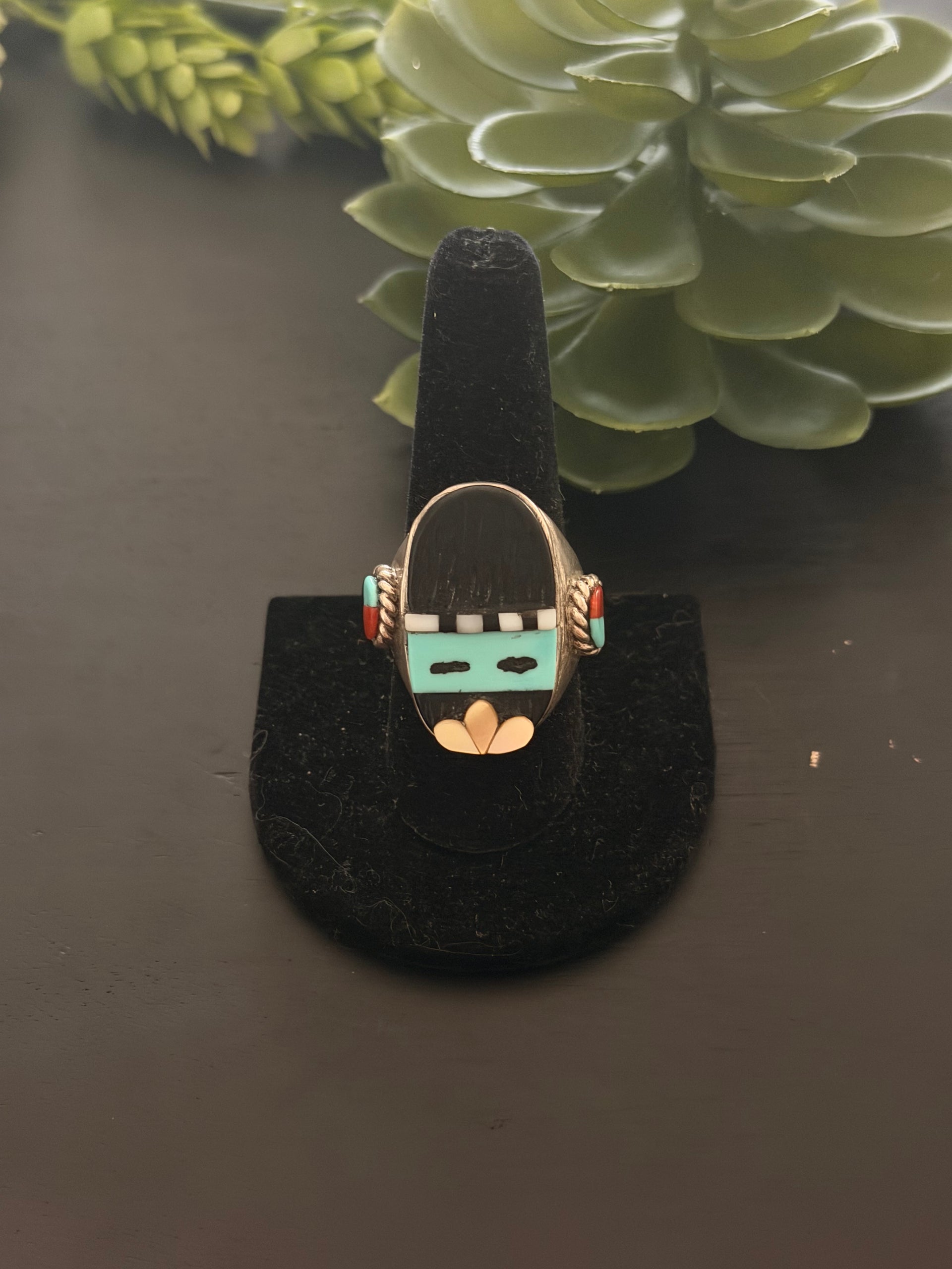 Zuni Made Multi Stone & Sterling Silver Inlay Ring Size 9.75