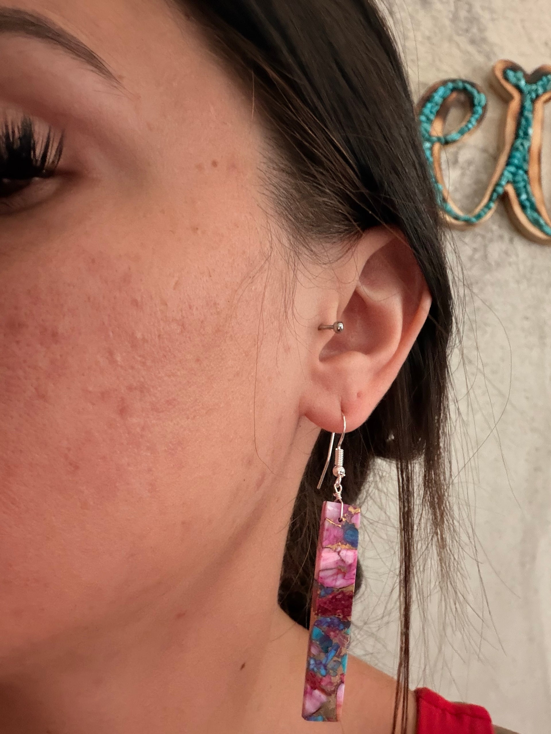 Navajo Made Purple/Pink Mohave Turquoise & Sterling Silver Slab Dangle Earrings