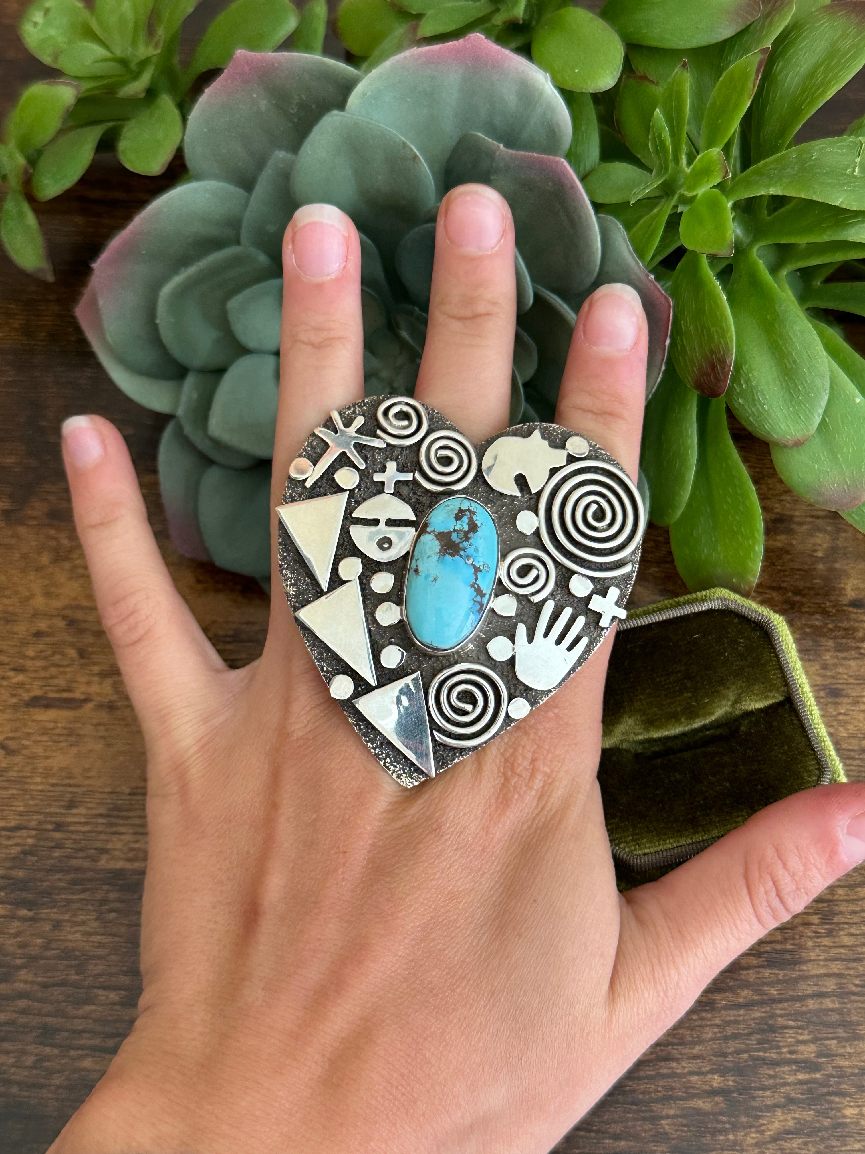 Alex Sanchez Royston Turquoise & Sterling Silver Adjustable Heart Ring