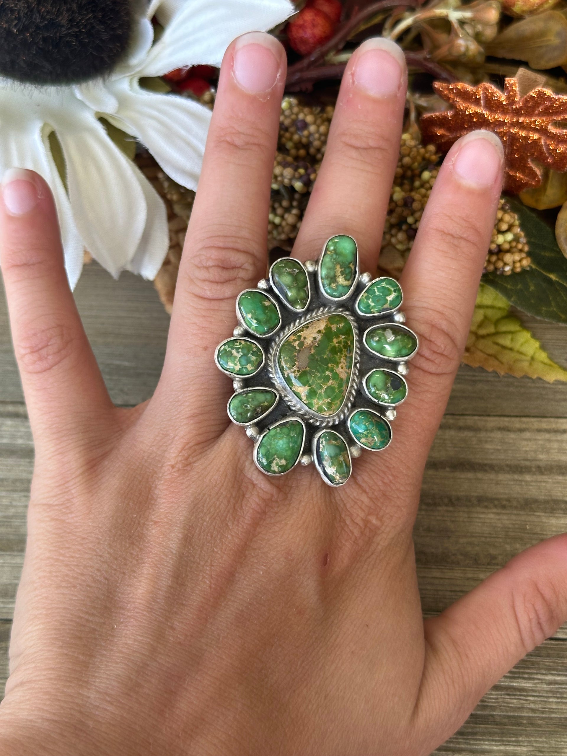 Thomas Francisco Sonoran Gold Turquoise & Sterling Silver Cluster Adjustable Ring Sitting on Size 9