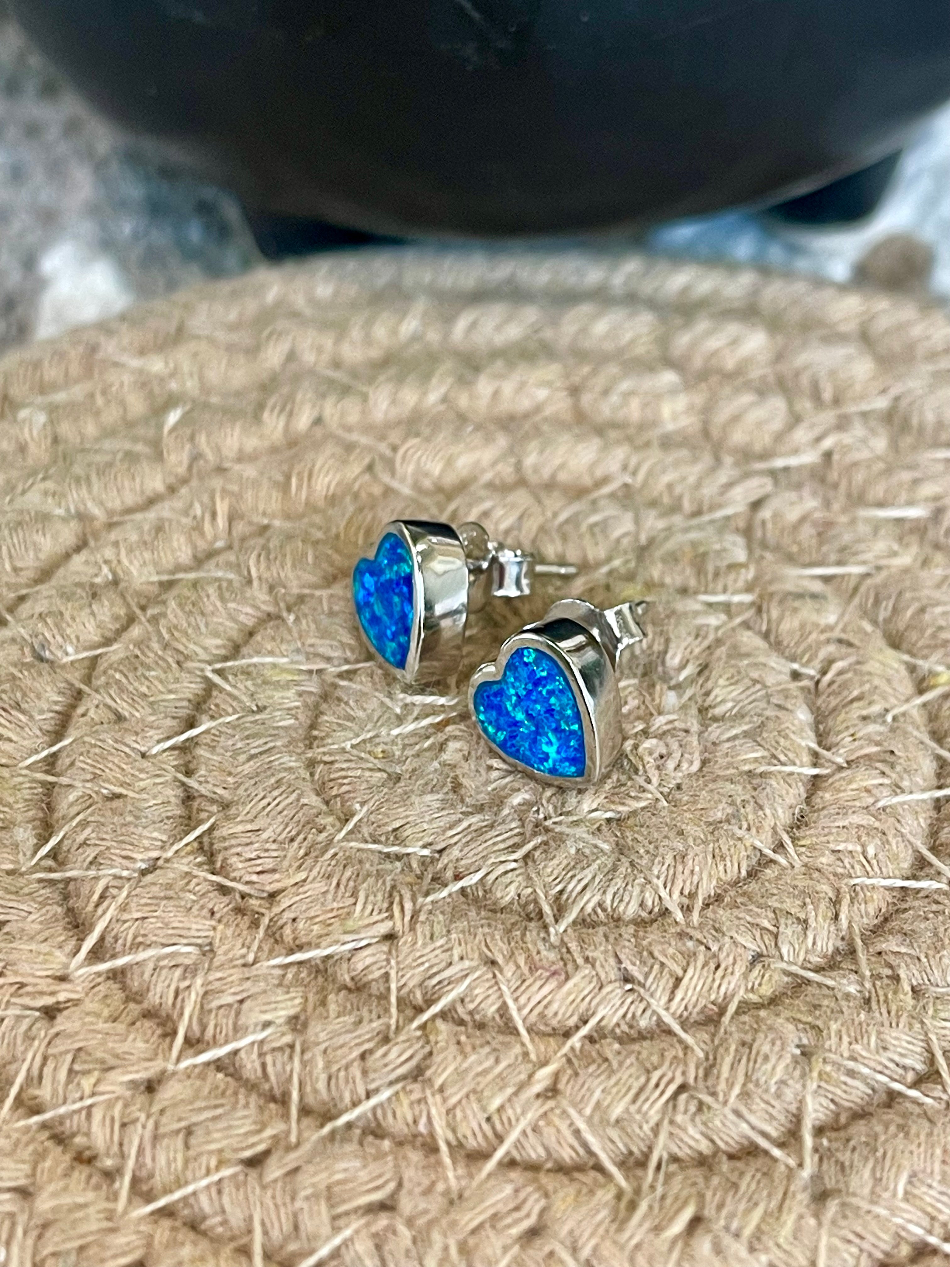 Southwest Handmade Blue Opal & Sterling Silver Stud Heart Earrings