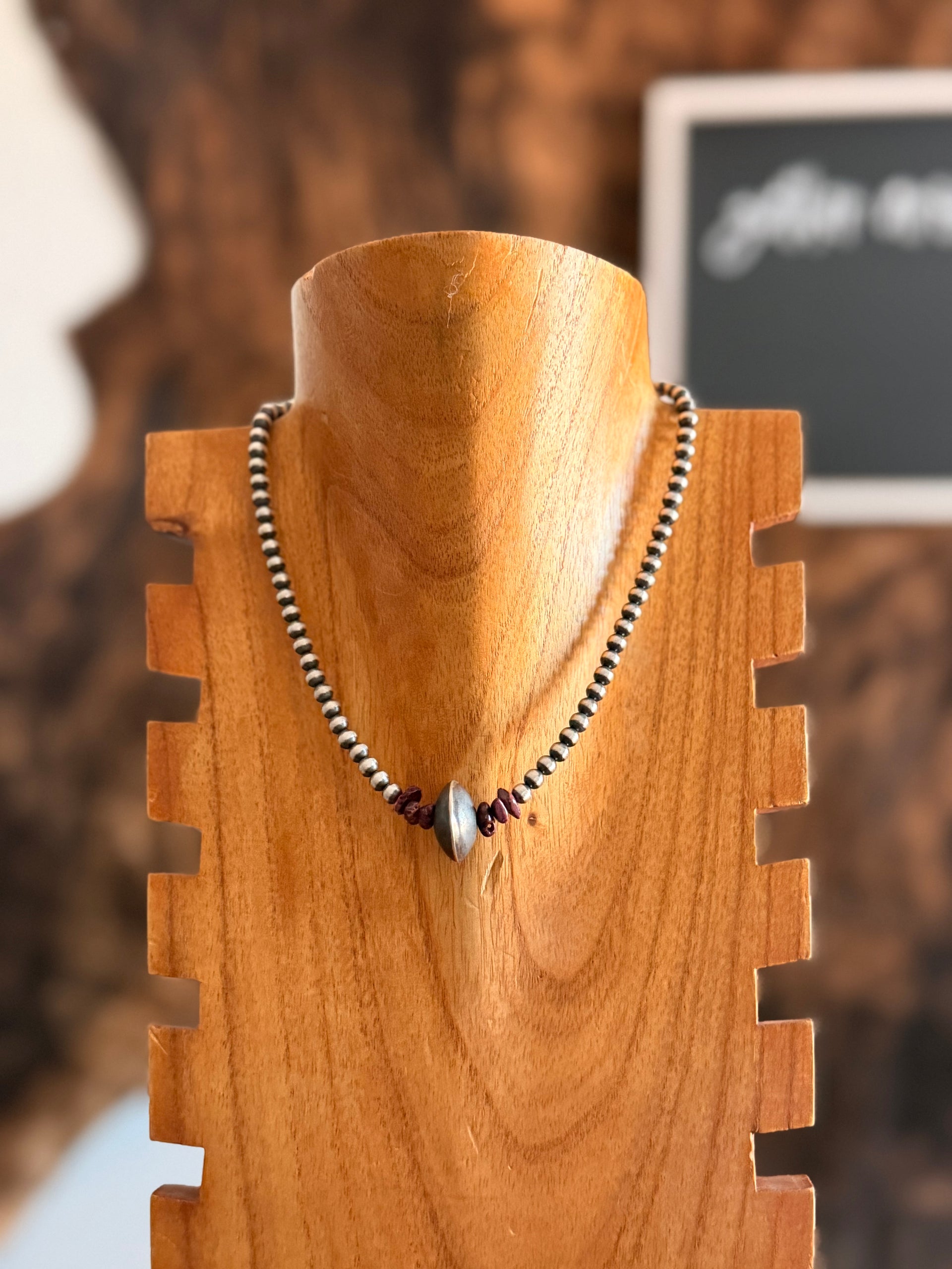 Navajo Strung Spiny Oyster & Sterling Silver Graduated & Saucer Pearl Necklace