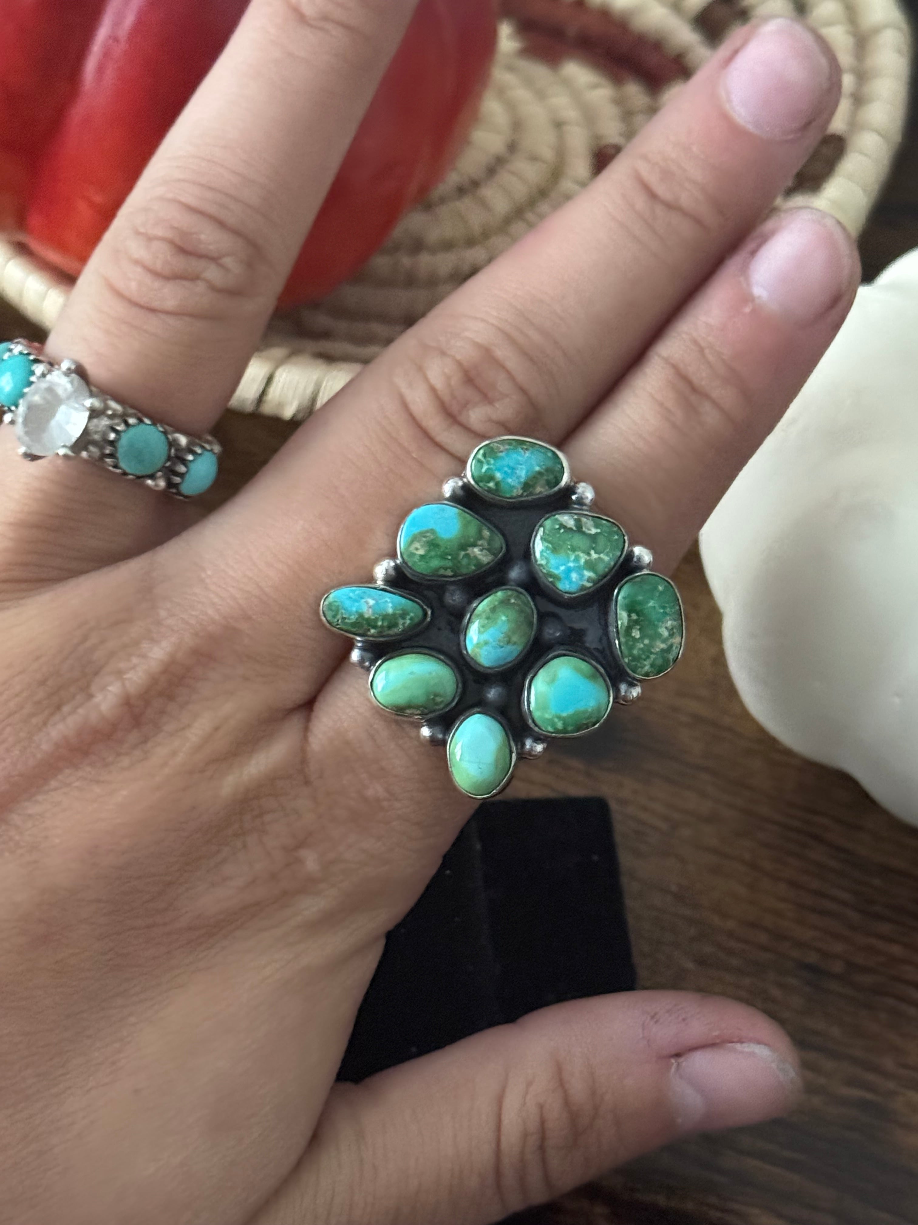 Southwest Handmade Sonoran Mountain Turquoise & Sterling Silver Adjustable Cluster Ring