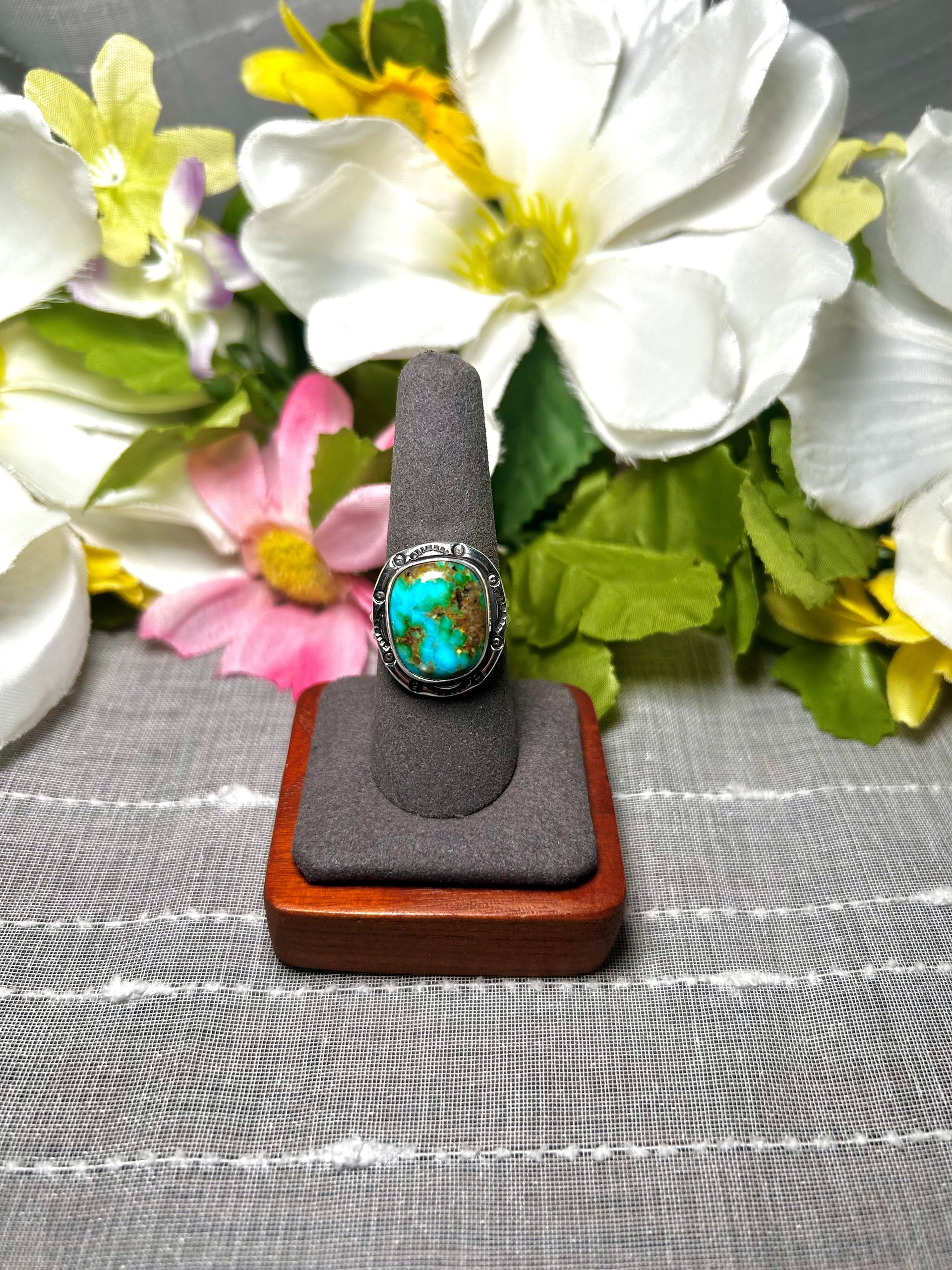 Navajo Made Natural Sonoran Mountain Turquoise & Sterling Silver Ring Size 9