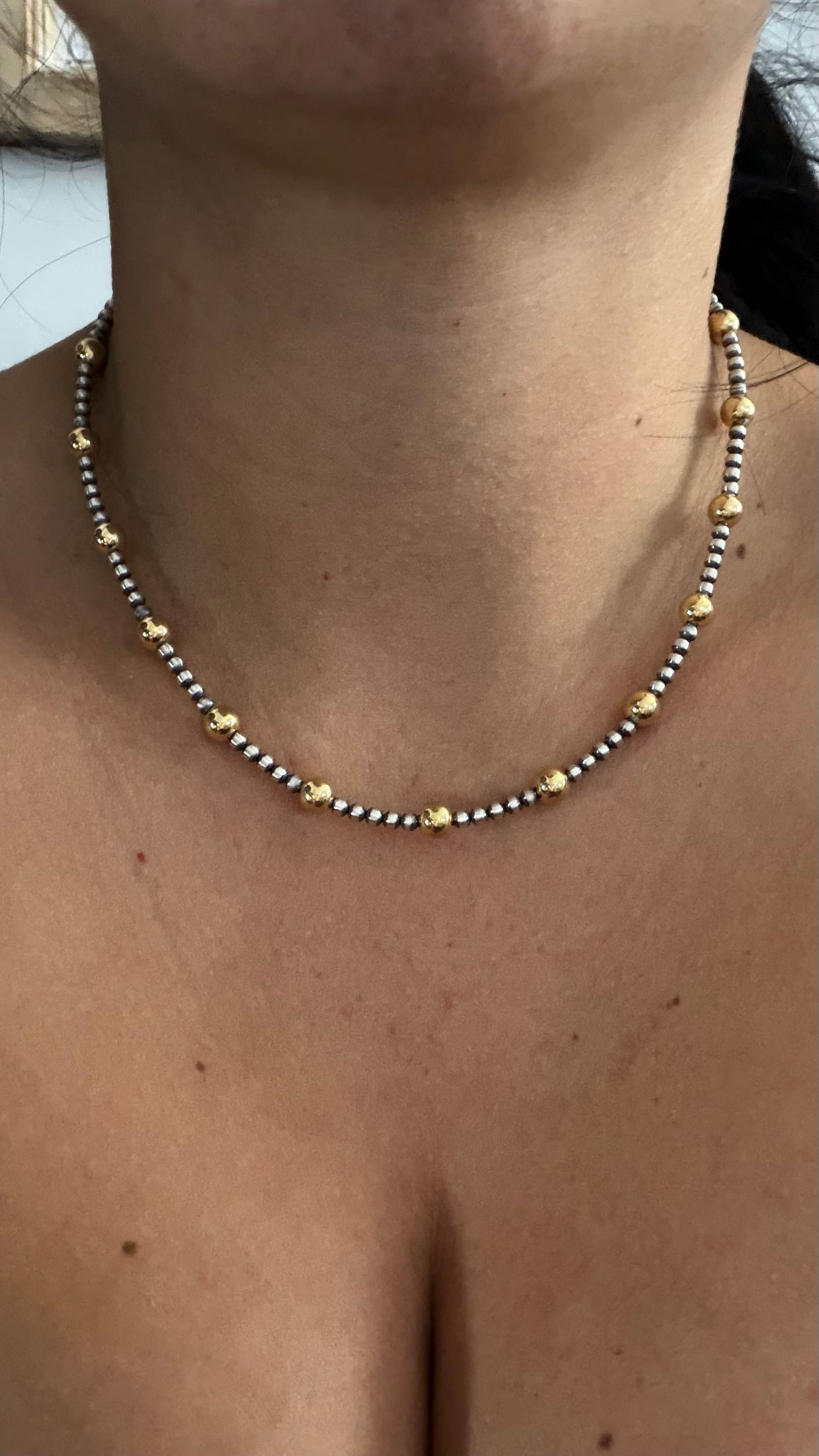 Navajo Made Strung 14K Gold Plated & Sterling Silved 16” Necklace