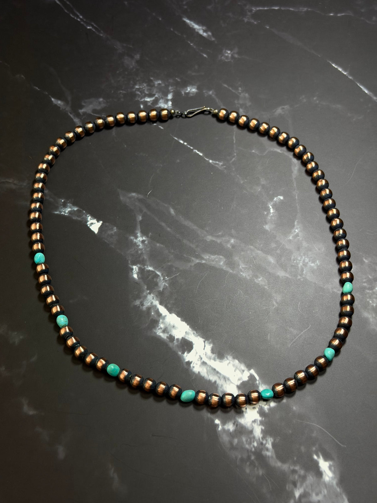 Navajo Strung Kingman Turquoise & Copper Machine Made Pearl 20” Necklace