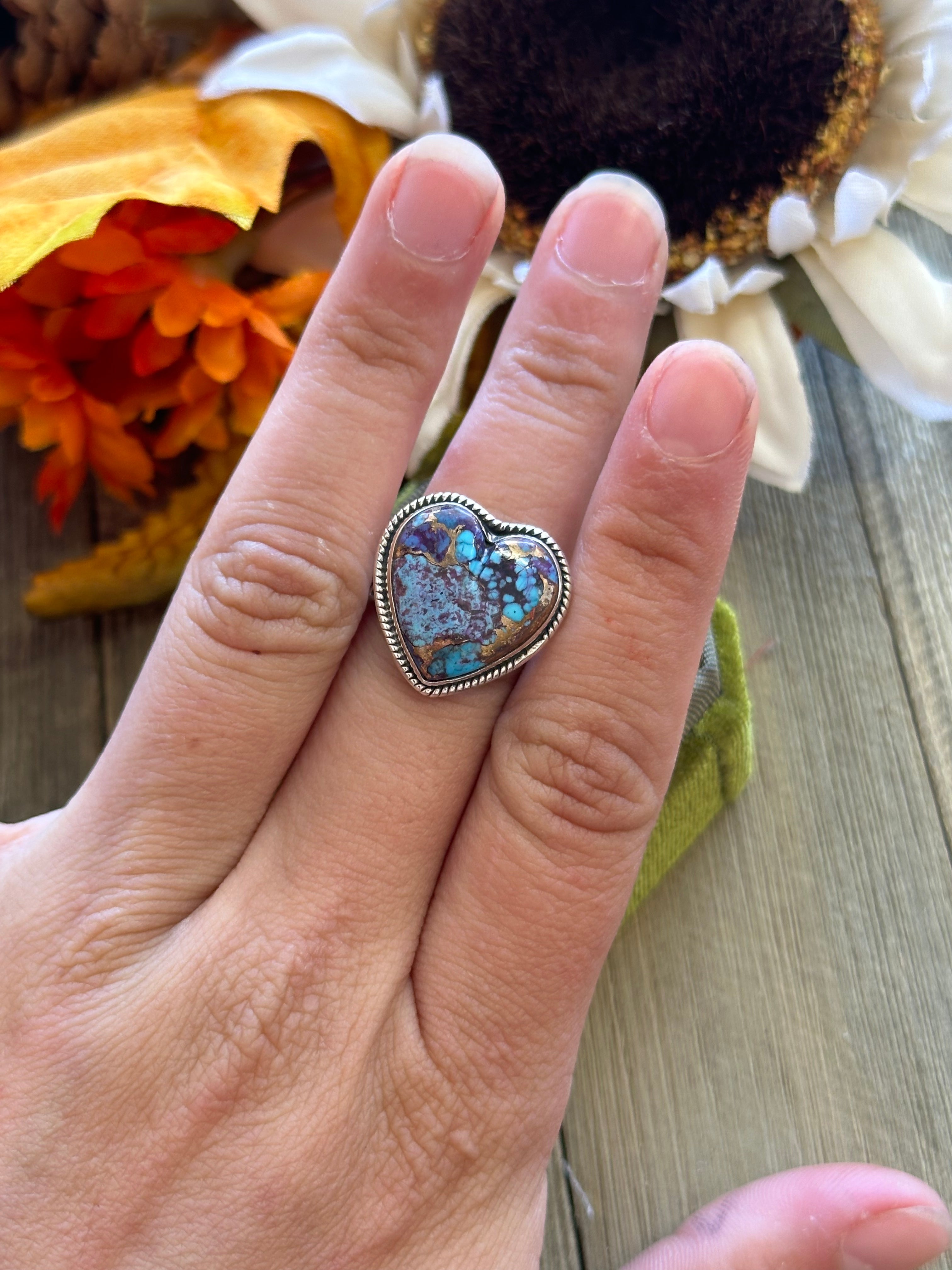 Southwest Handmade Mohave Turquoise & Sterling Silver Adjustable Heart Ring