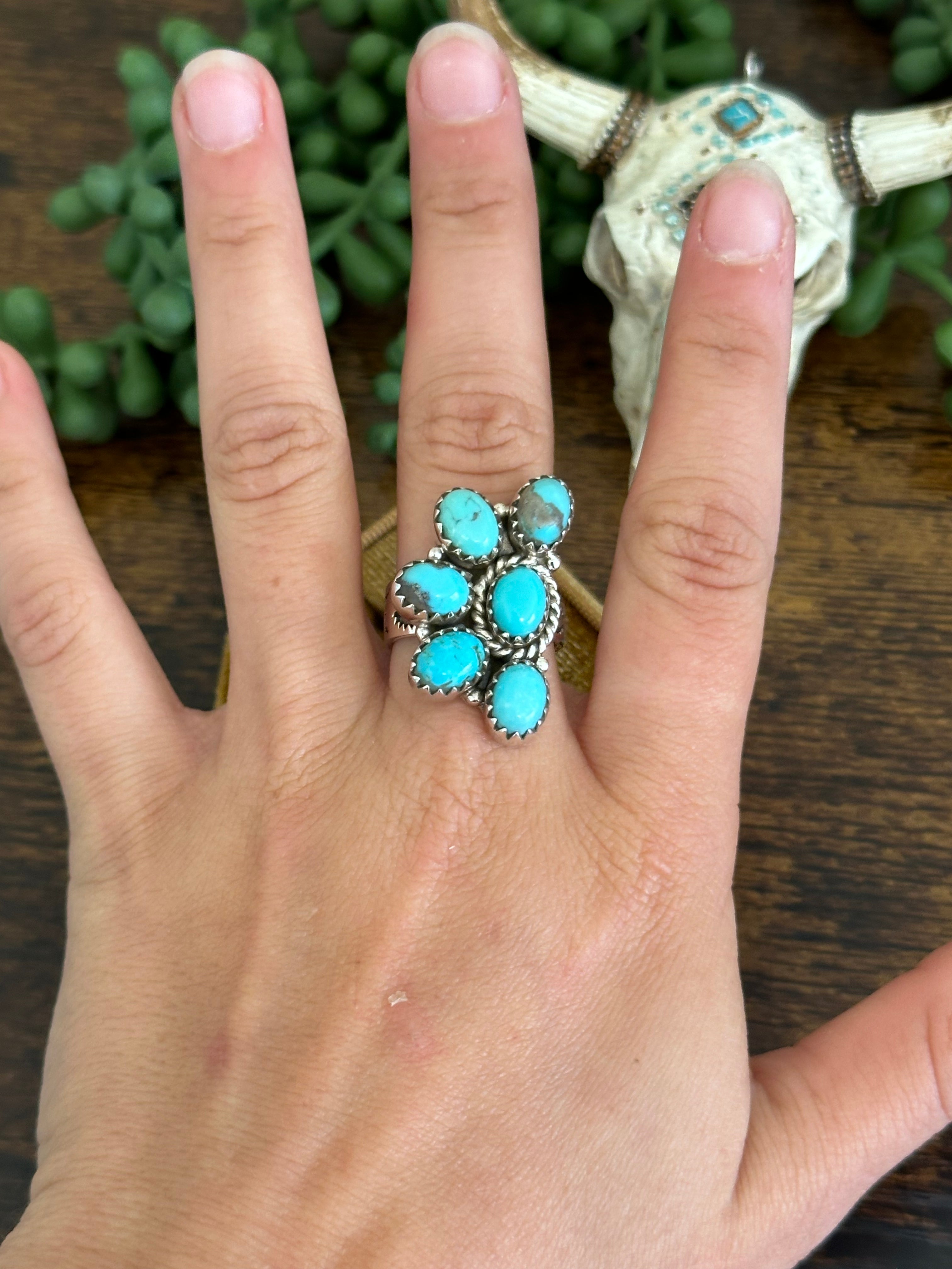 Southwest Handmade Kingman Turquoise & Sterling Silver Adjustable Cluster Ring