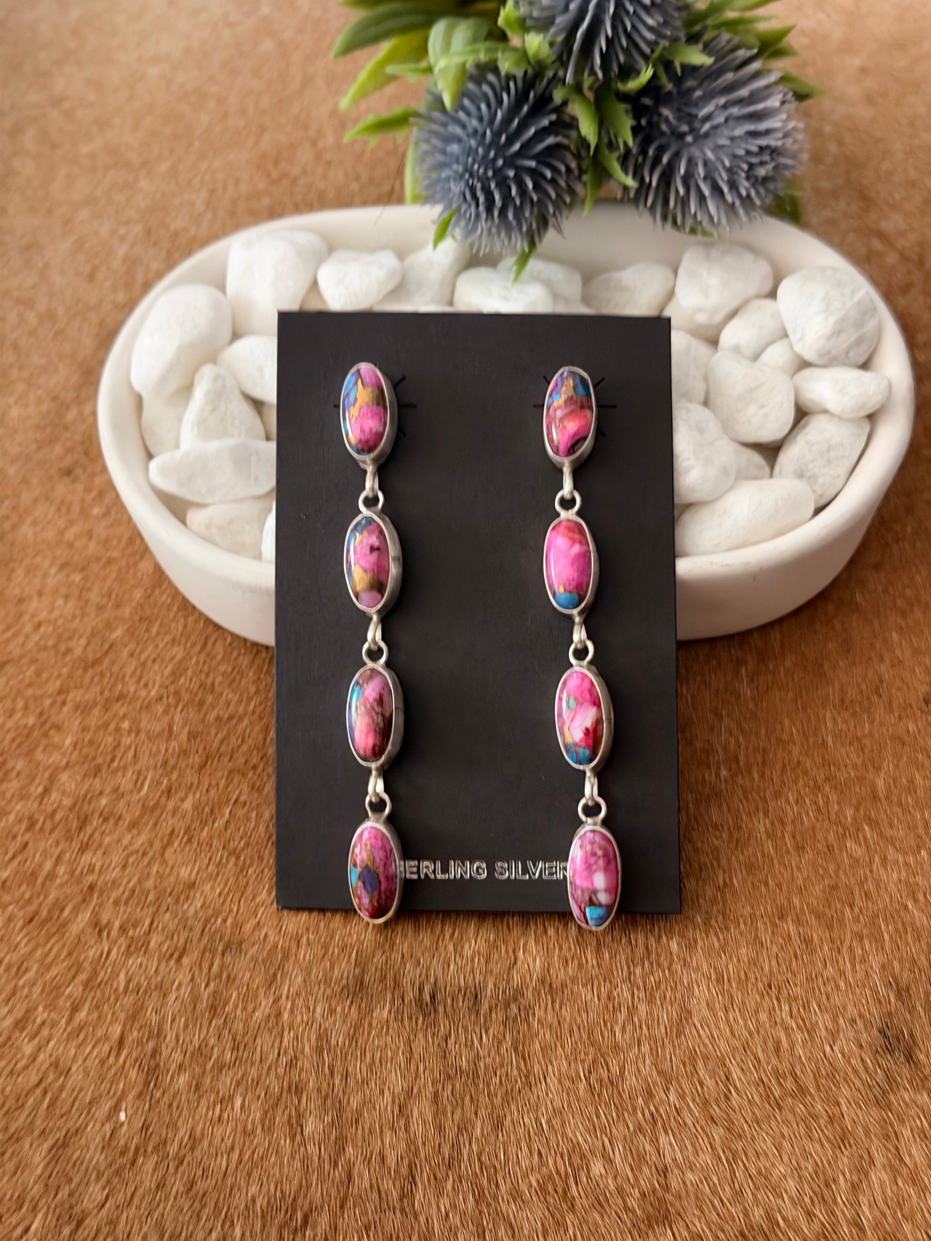 Navajo Made Mohave Turquoise & Sterling Silver Post Dangle Earrings