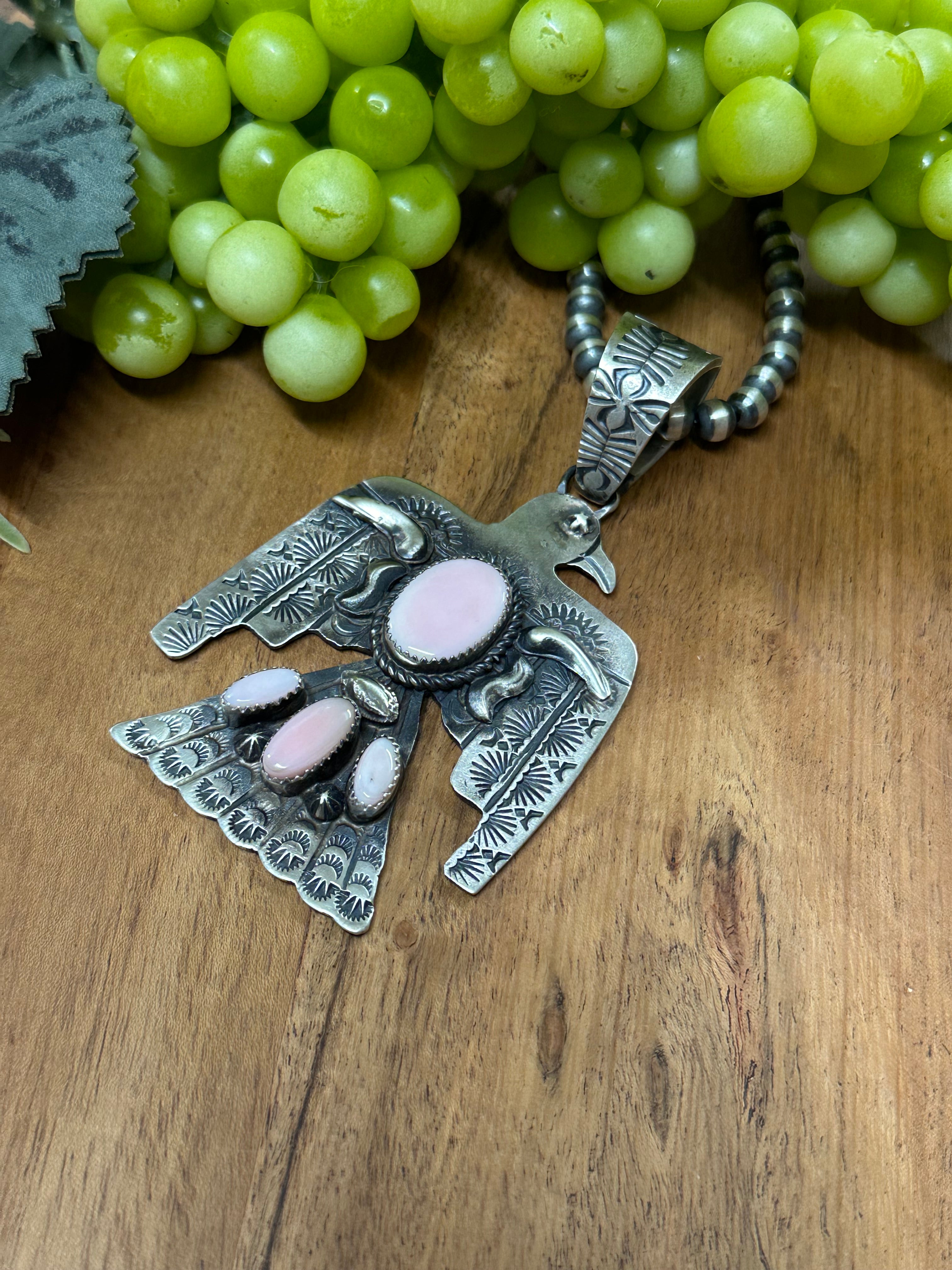 Richard Yazzie Pink Conch & Sterling Silver Thunderbird Pendant