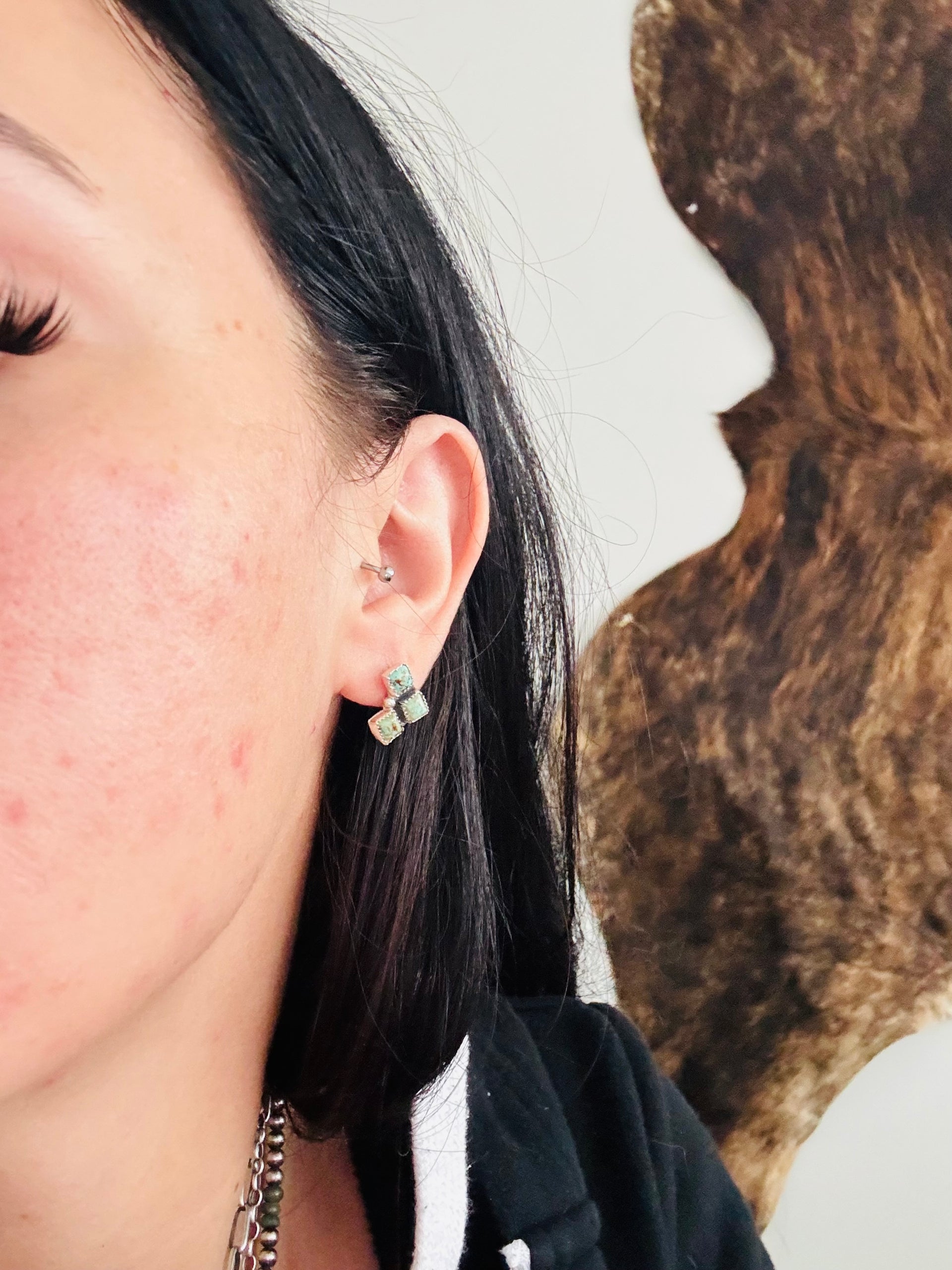 Navajo Made Kingman Turquoise & Sterling Silver Post Earrings