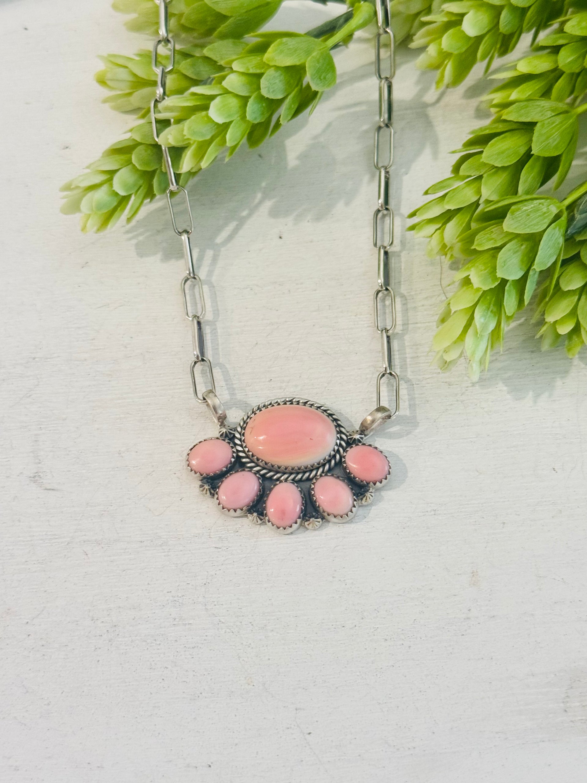 Southwest Made Pink Conch & Sterling Silver Cluster Necklace