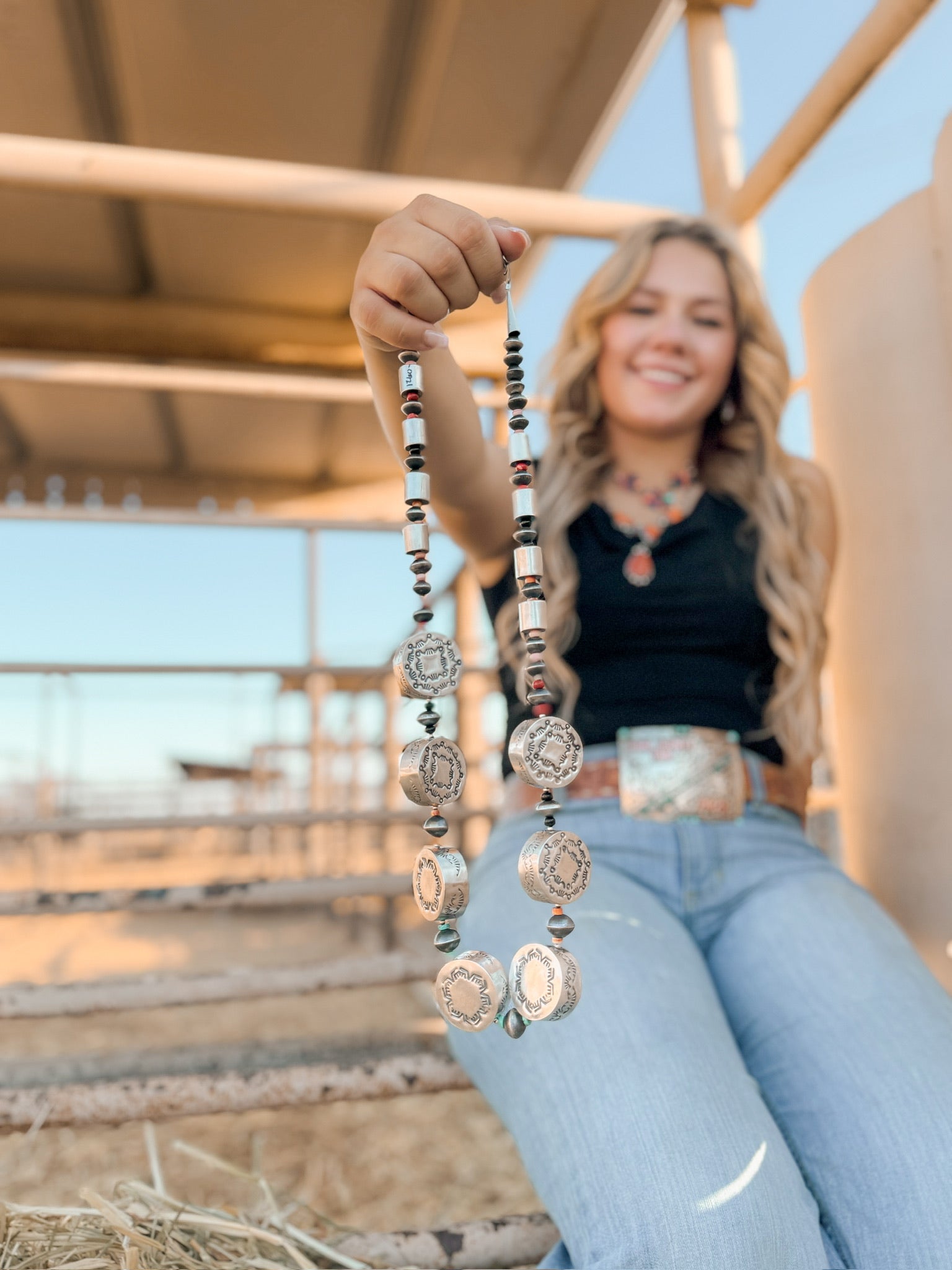 Navajo Handmade Multi Stone & Sterling Silver Drum Pearl Necklace Set