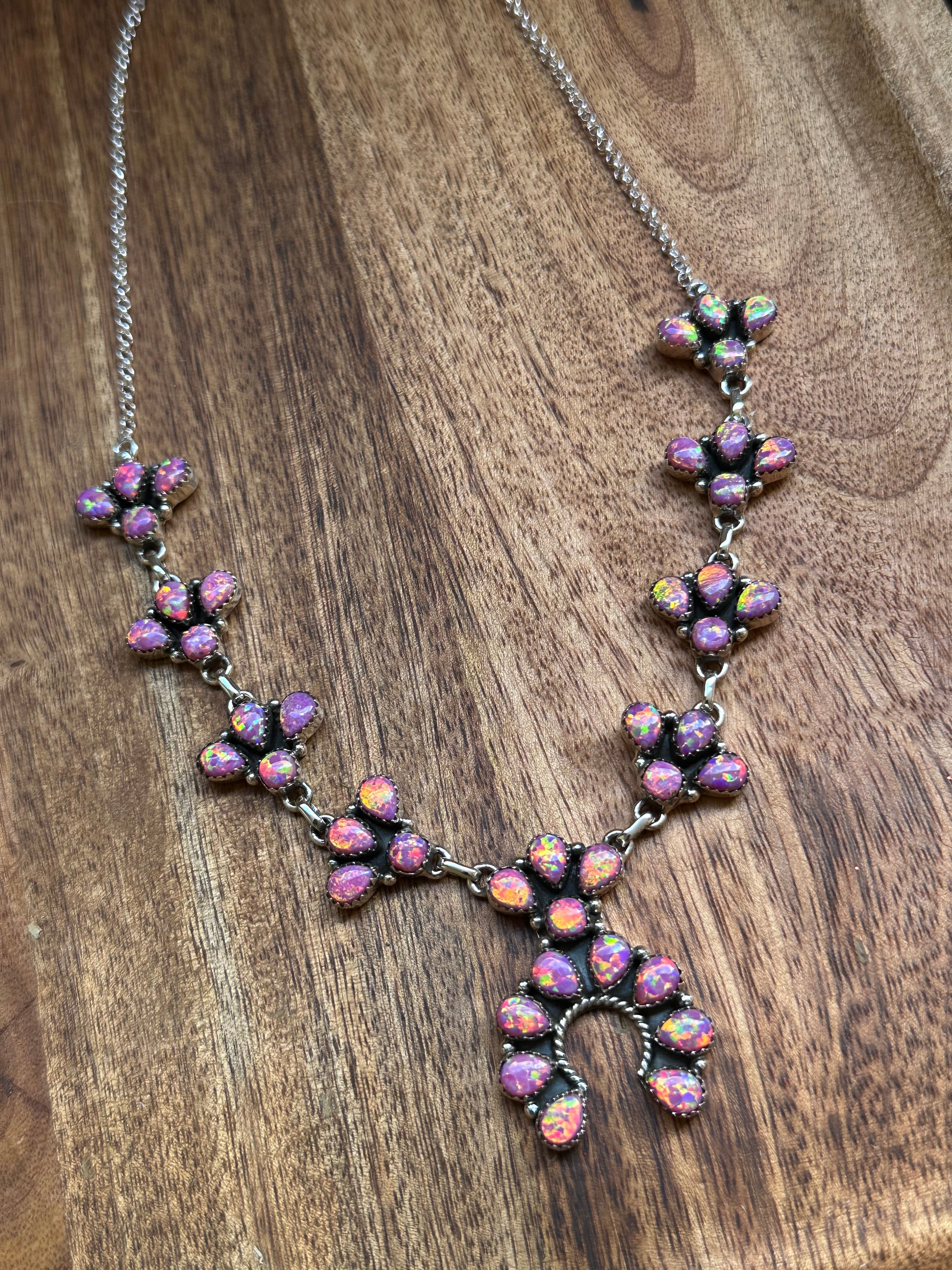 Southwest Handmade Pink Opal & Sterling Silver Cluster Necklace