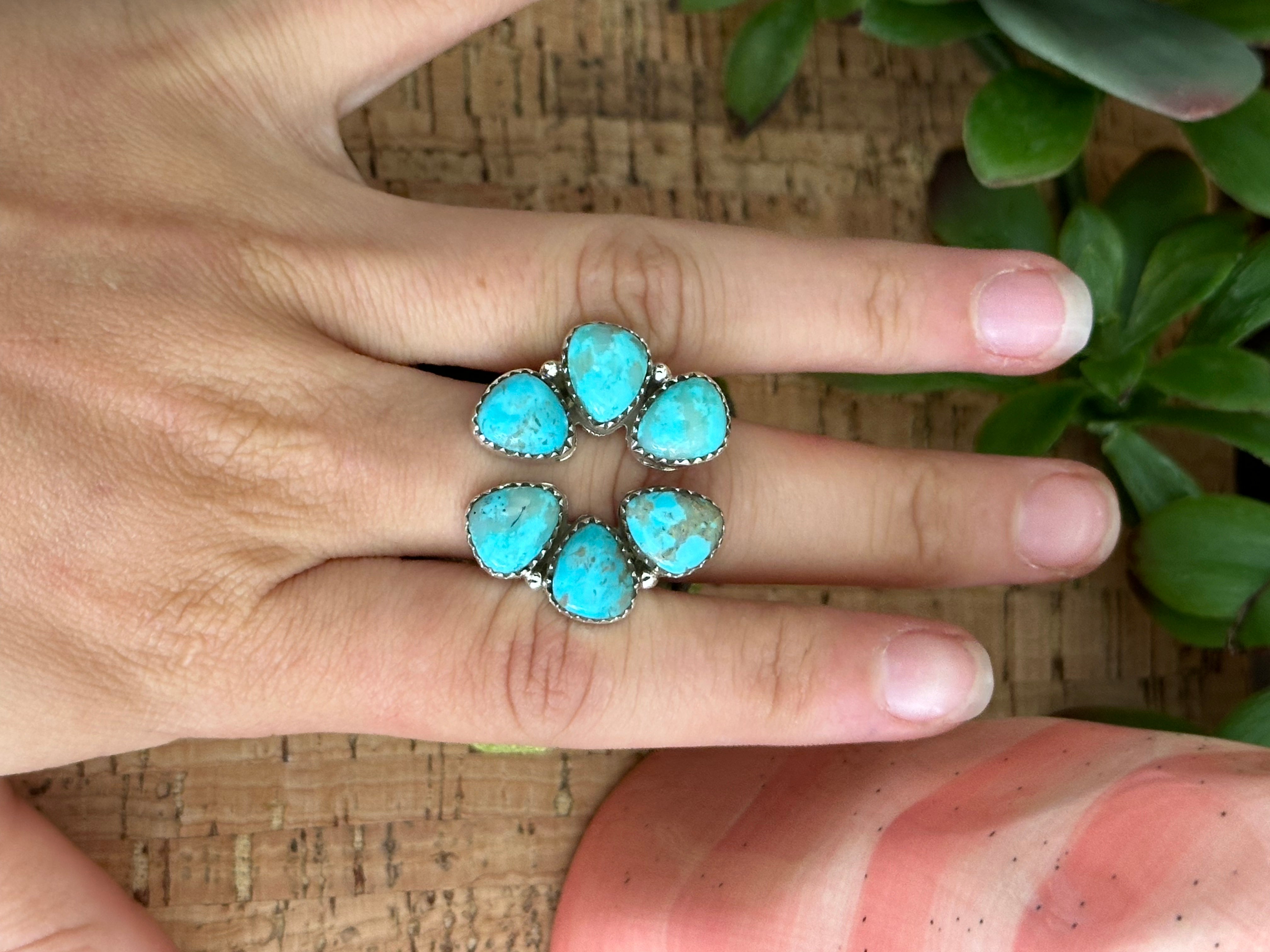 Southwest Handmade Kingman Turquoise & Sterling Silver Adjustable Cluster Ring