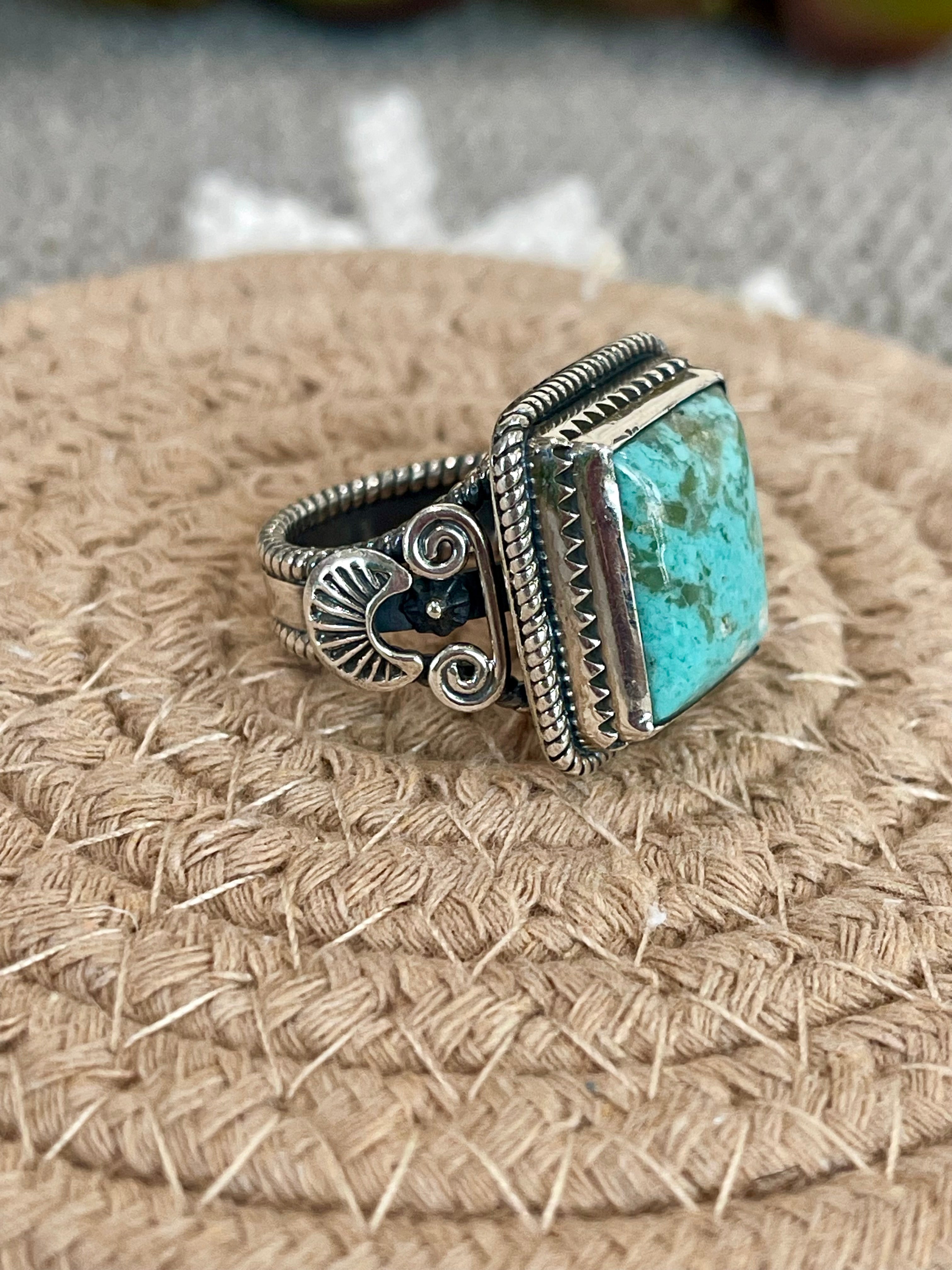 Southwest Handmade Kingman Turquoise & Sterling Silver Size 8 Square Ring