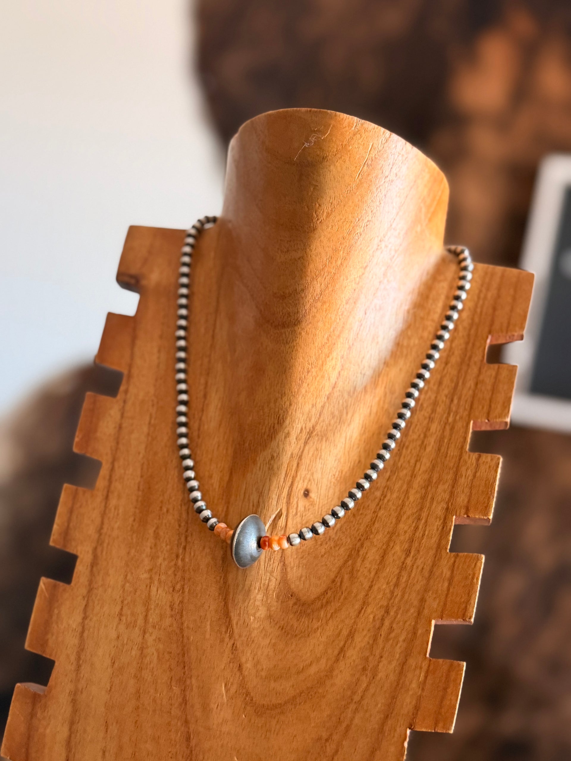 Navajo Strung Spiny Oyster & Sterling Silver Graduated & Saucer Pearl Necklace