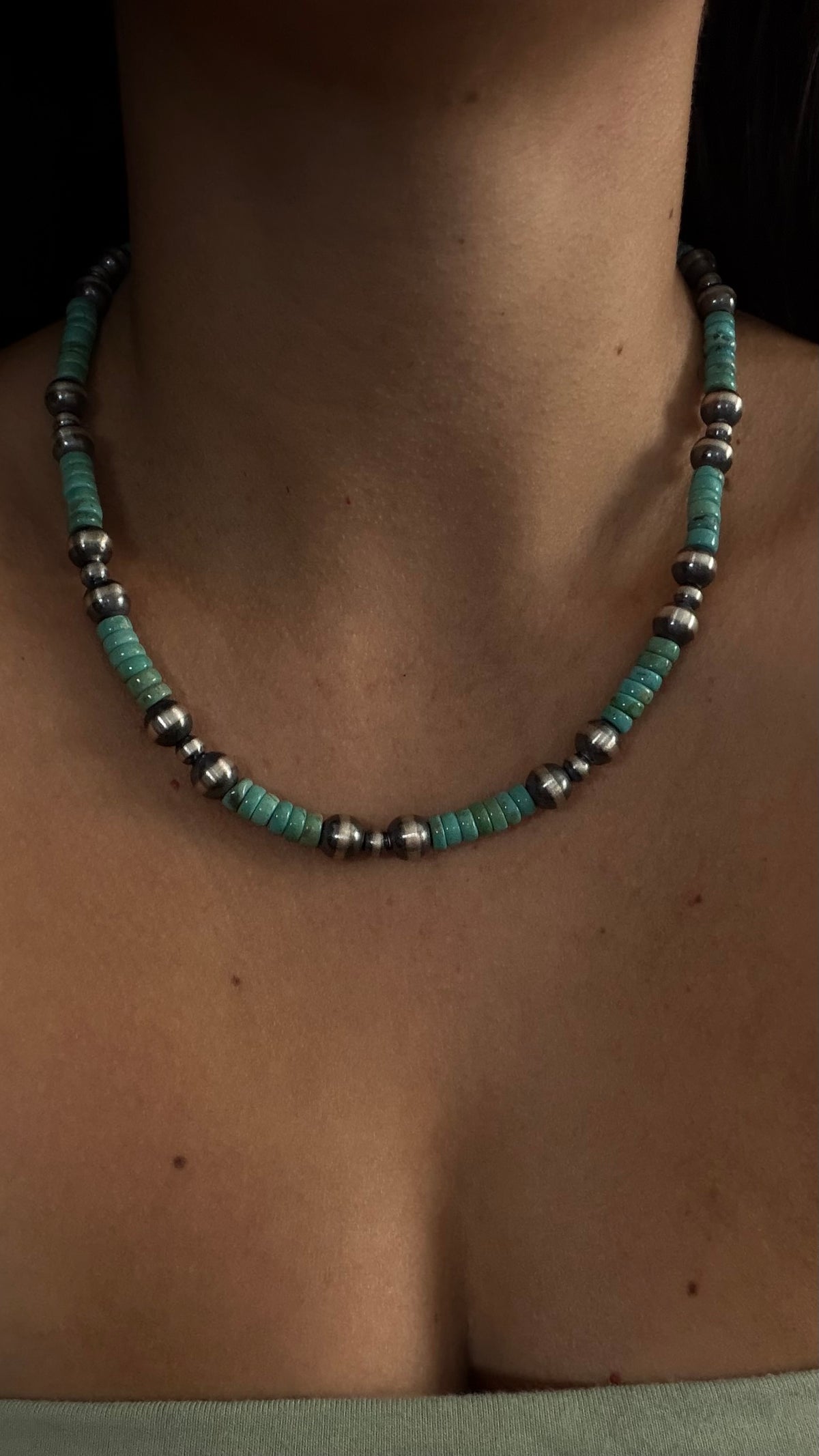 Navajo Strung Kingman Turquoise & Sterling Silver Machine Made Pearl 18” Necklace